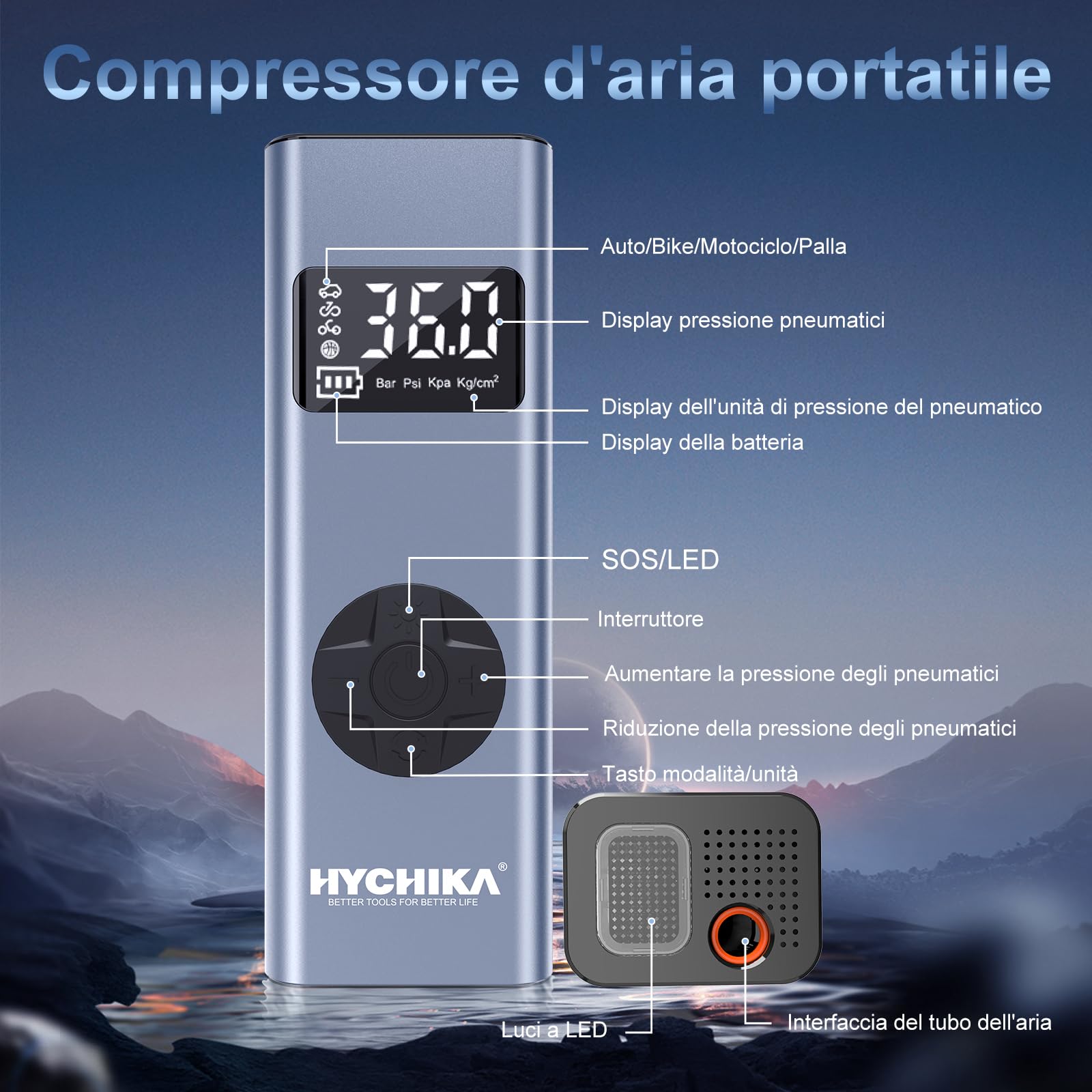 HYCHIKA Compressore Aria Portatile 12V, 6000mAh 150PSI Mini Compressore Portatile, Gonfiatore Gomme Auto con Schermo LCD Digitale, Pompa per Bicicletta, Auto, Moto, Monopattino, Palloni
