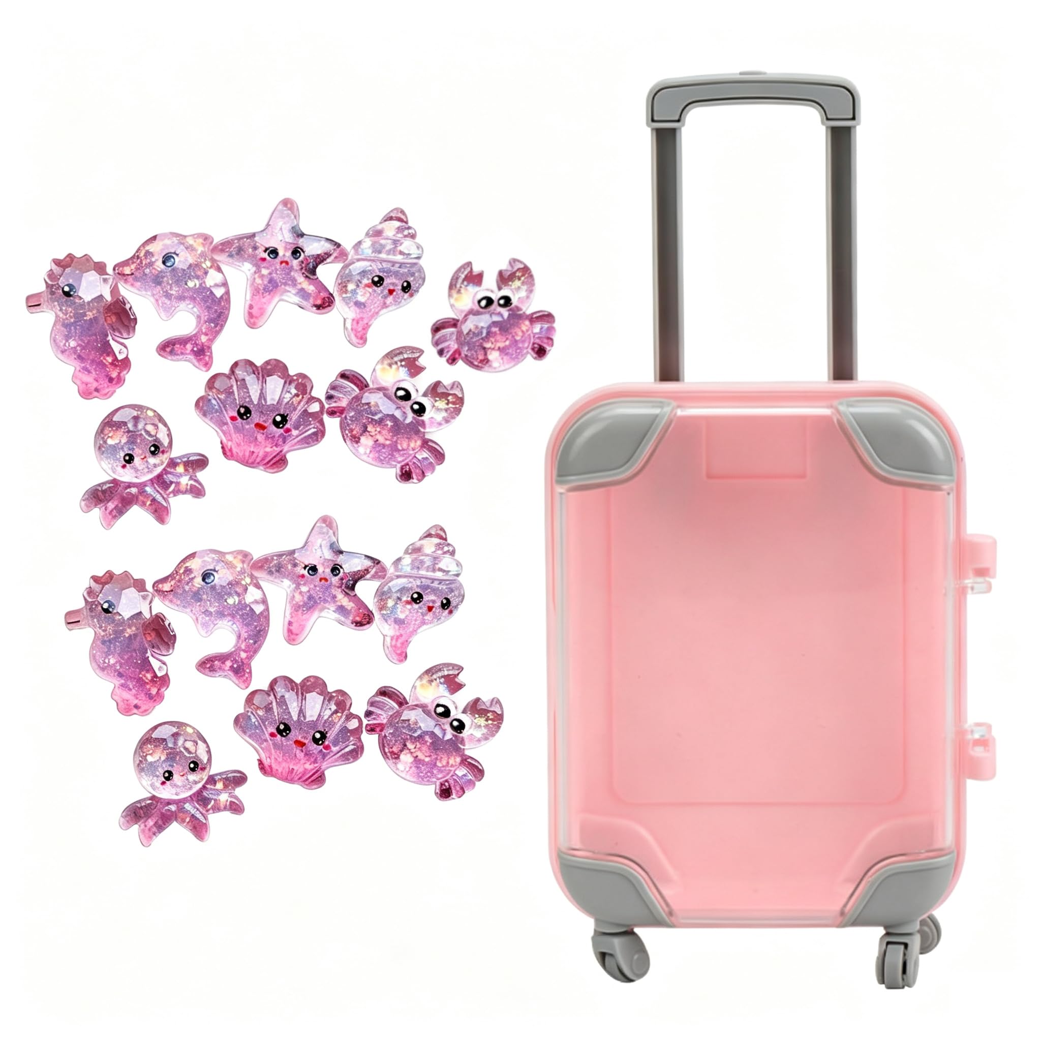 Cosiesnest 50Pcs Mini Sea Animal Figures with 1 Pc Suitcase Boxes, Tiny Ocean Resin Animals for Aquarium Decor, Fairy Garden, DIY Miniature Landscape and Fish Tank Ornaments (Ocean-Pink)