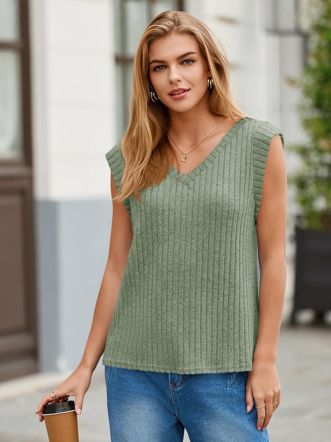 Cicy Bell Womens Ribbed Cap Sleeve Tank Tops V Neck Knit Summer Casual Shirts Lightweight Pullover Sweater Vest - Image 4