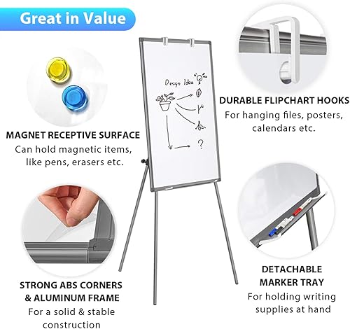 Miniatura 4 de Pizarra blanca con caballete - pizarra magnética, portátil, de borrado en seco, 36 x 24, pizarra blanca con trípode de altura ajustable para oficina