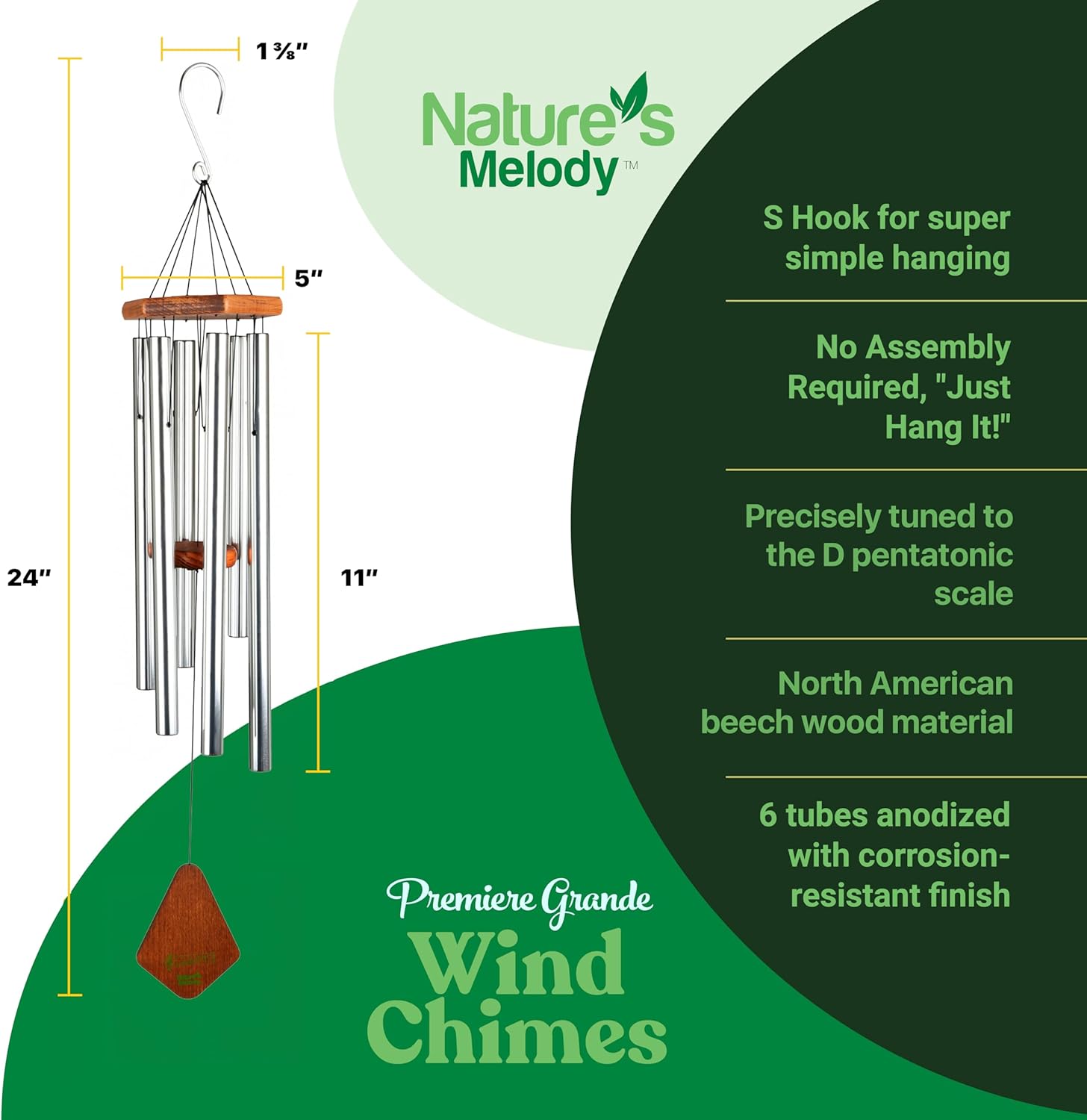 Nature’s Melody Premiere Grande Tunes Wind Chimes – Outdoor Windchime with 6 Tubes Tuned to E Pentatonic Scale, Rustproof Aluminum, Beech Wood & S Hook Hanger (Silver, 24 Inch)