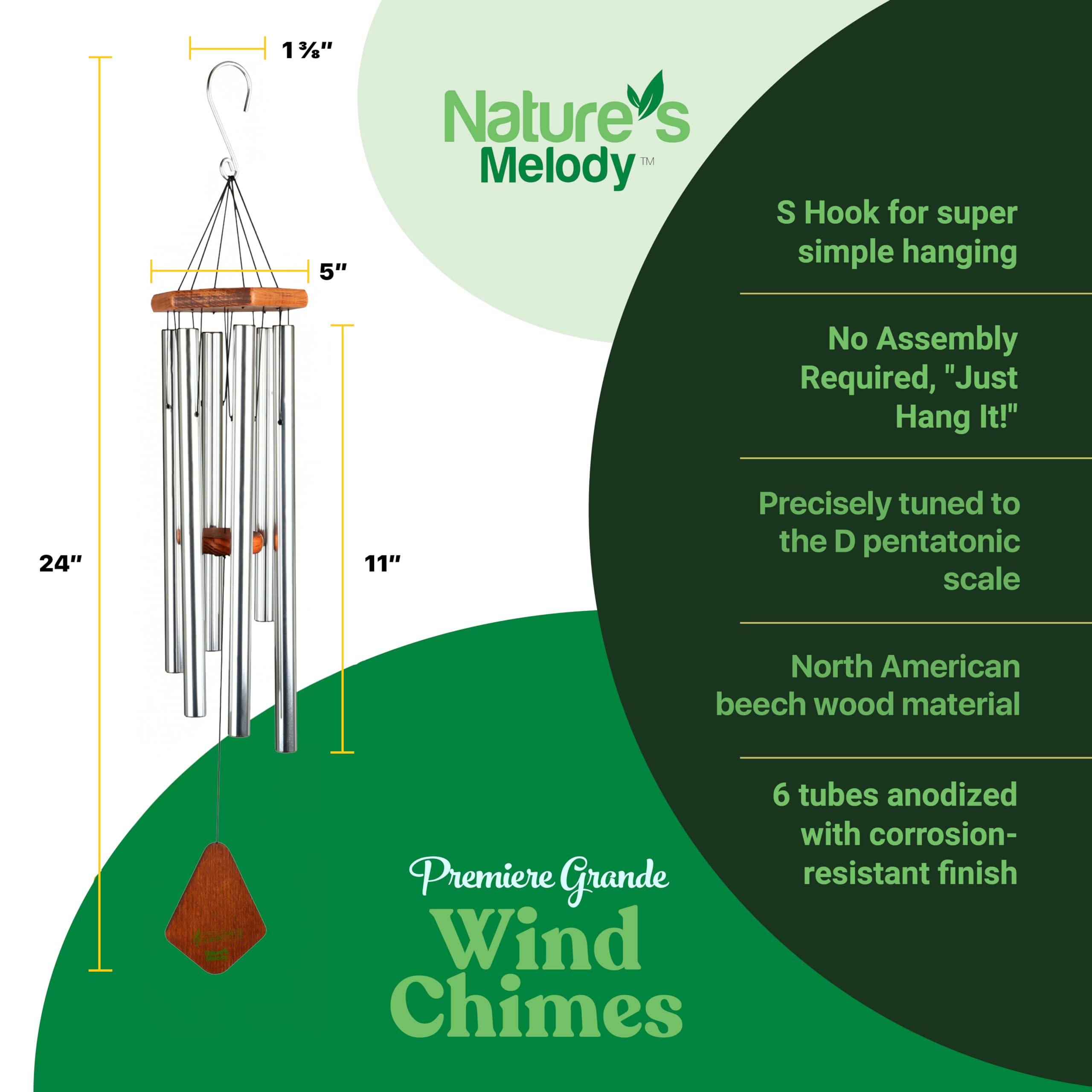 Nature's Melody Premiere Grande Tunes Carillon éolien – Carillon d'extérieur avec 6 Tubes accordés à l'échelle pentatonique E, Aluminium antirouille, Bois de hêtre et Crochet en S pour condoléances,
