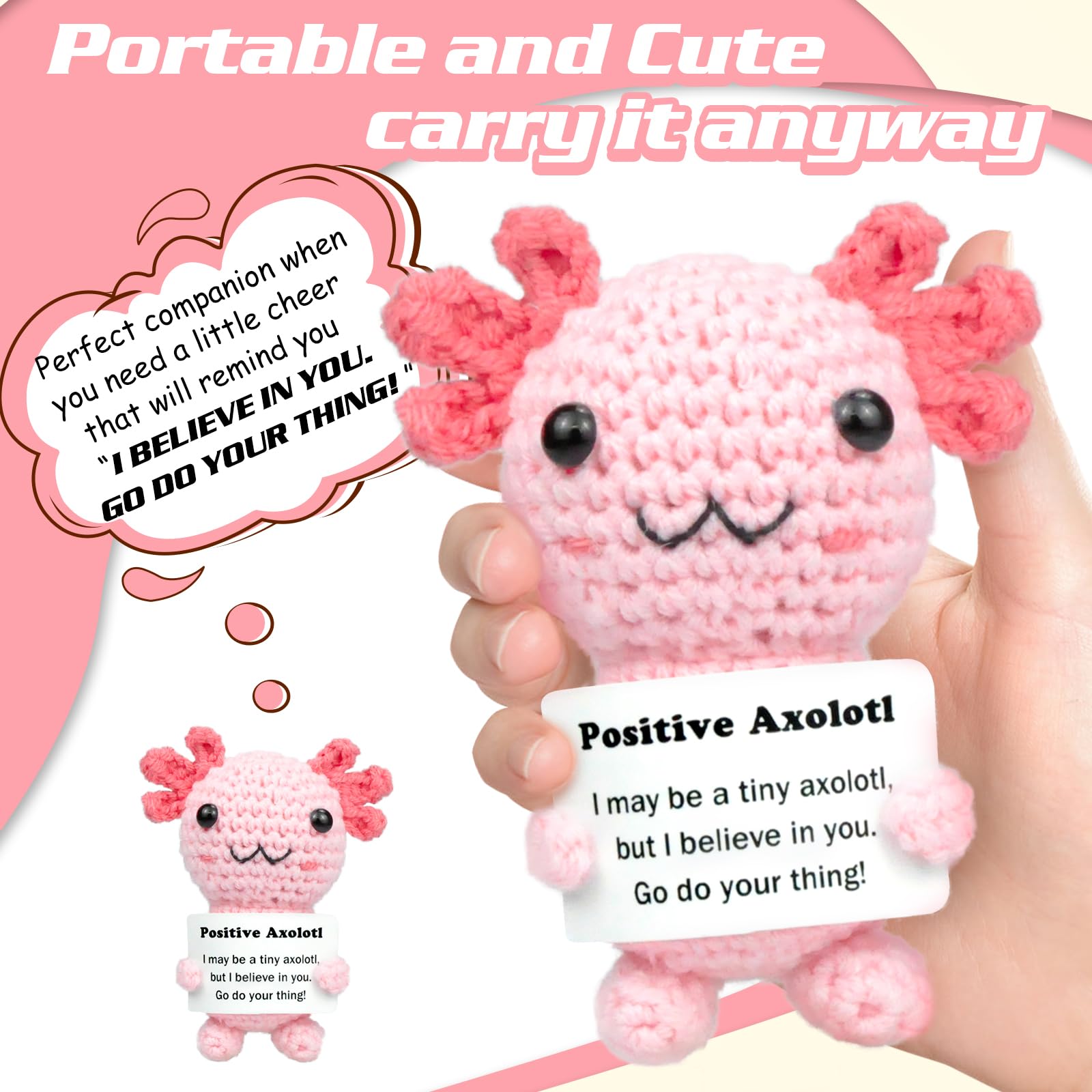 Emotional Support Crochet Gifts Positive Crochet Animals Knitted Crochet Doll with Positive Card for Women Men Animal Doll Emotional Support Gift Good Luck Gifts for Her Him Friend Colleague (PINK) - Image 2