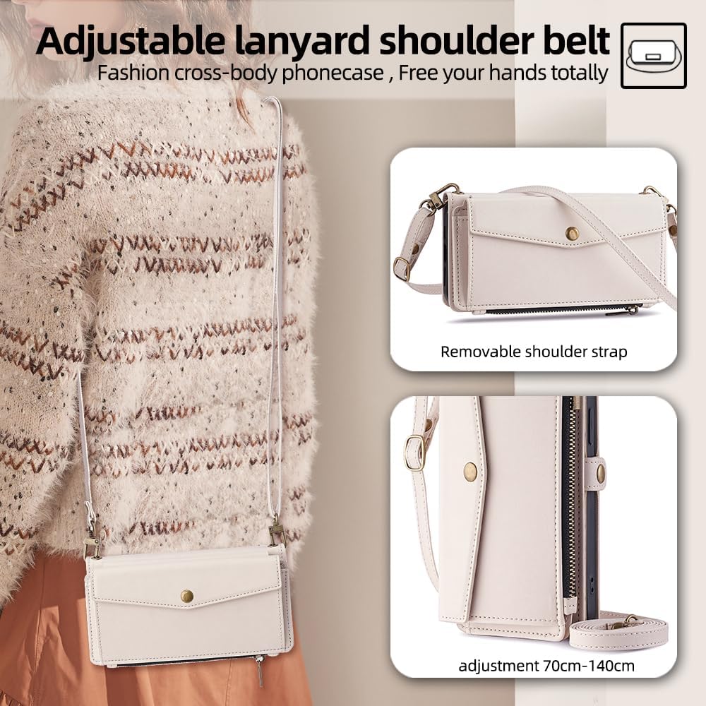Wallet Case for TCL 40 XE 5G/TCL 40X 5G/T601D Flip PU Leather Cover with Card Holder Crossbody Strap Handbag Zipper Pocket Shockproof Magnetic Phone Shell for Women Men White