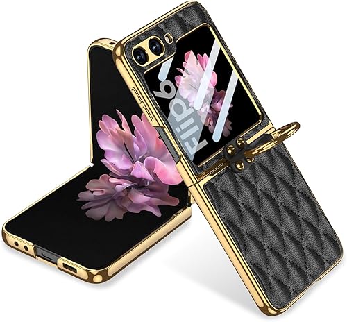 Miniatura 15 de SHIEID Z Flip 6 - Funda de piel para Galaxy Z Flip 6 con marco galvanizado, soporte de anillo, forro de esponja y diseño en forma de diamante para