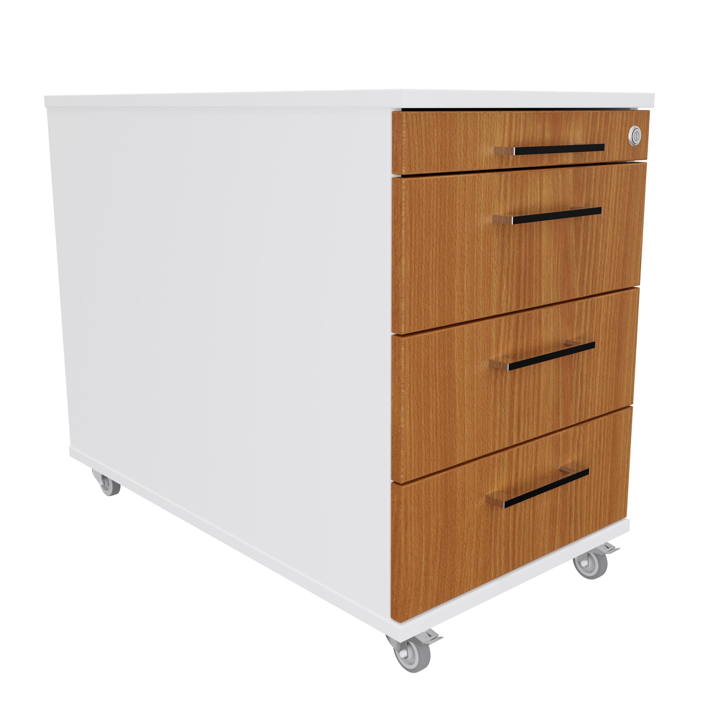 Eigentlich Rollcontainer 80 cm tief, 3 Schubladen und Materialauszug, Rollschrank B43xT80xH65 cm abschließbar, Schreibtischunterschrank versch. Farben (Korpus Weiß, Front Buche)