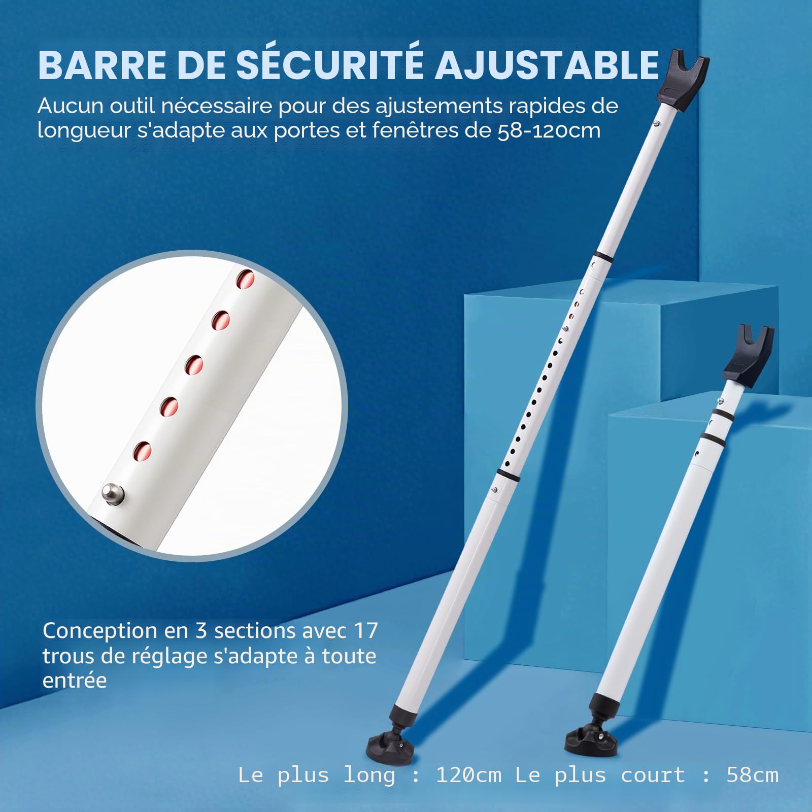 Barre de Sécurité pour Portes Coulissantes, Bloque-Porte de Sécurité Réglable pour Maison & Voyage, Securite Porte d'entrée avec Base Anti-Dérapante, Protection Anti-effraction (58-120)