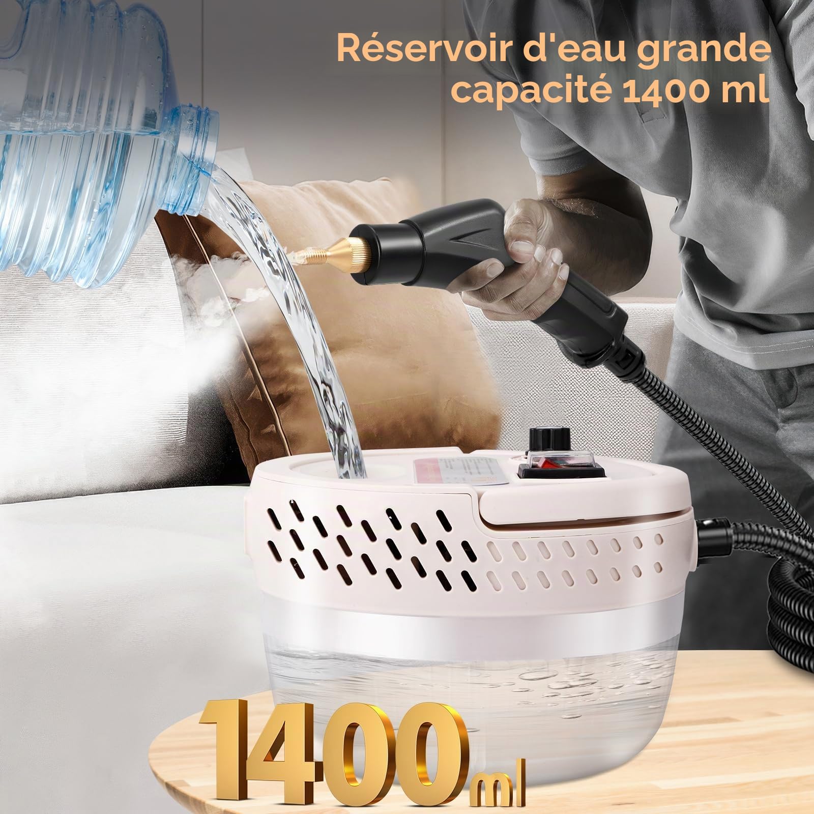 Nettoyeur vapeur 2500W, purificateur de vapeur à main, 1400ML grand réservoir d’eau, 6 vitesses réglables, 3 types de têtes de brosse pour tous les meubles de cuisine plancher salle de bain voiture