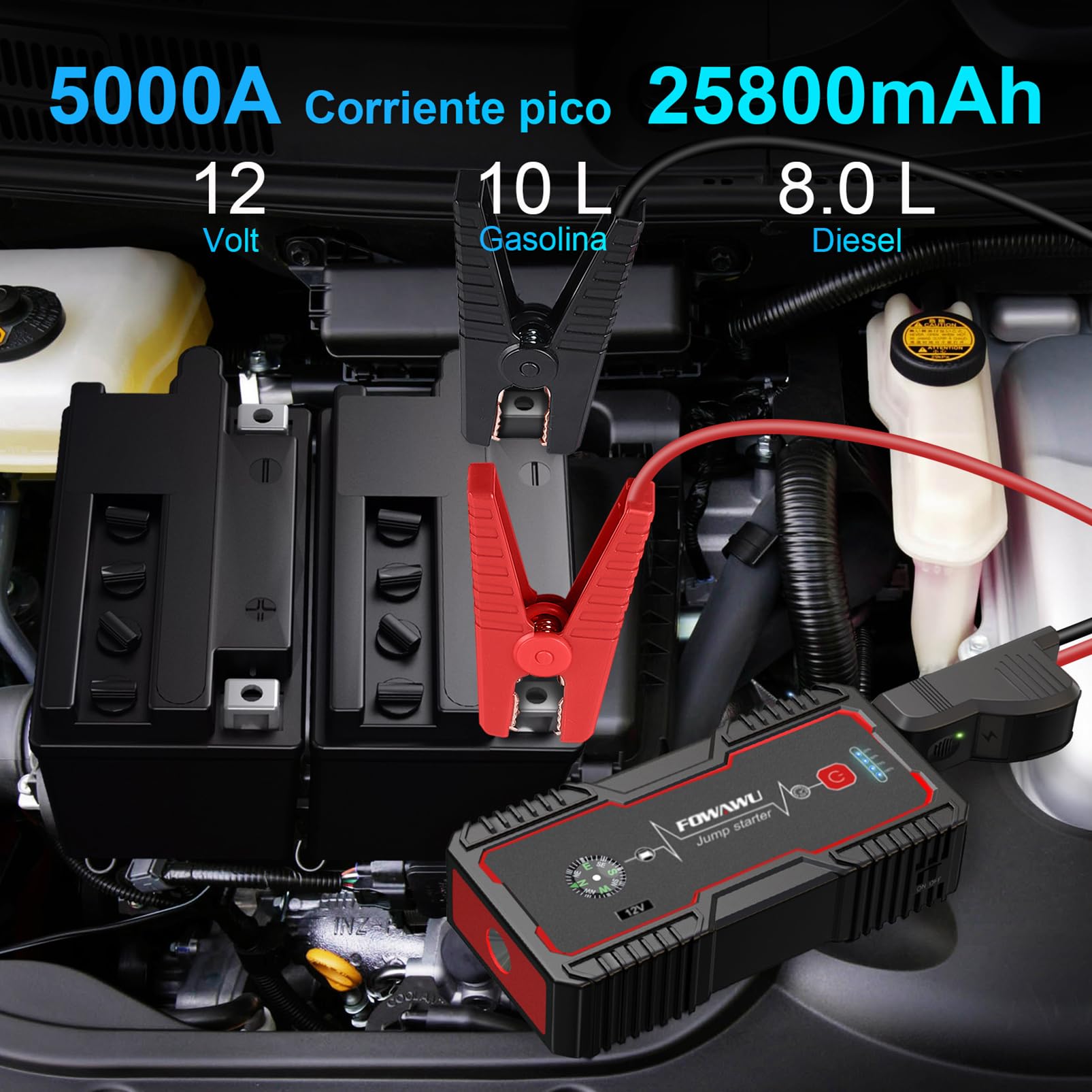 FOWAWU Arrancador de Coches,25800mAh 5000A Arrancador de Baterias de Coche(para 10L de Gasolina o 8.0L de Diésel), con Carga Rápida QC3.0,Linterna LED, DC 12V,Brújula,Garantía de 2 años(Negro)
