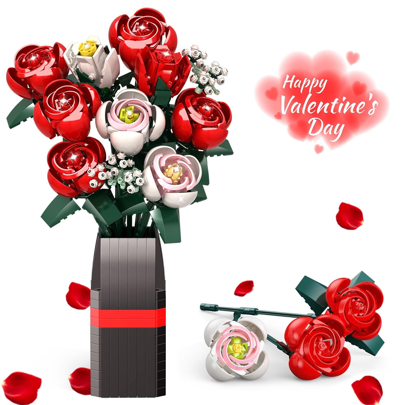 Roses Flowers Bouquet Building Set for Adult with Vase, 841PCS Red Rose Artificial Flower Botanical Collection Plant Kit, Home Decor Toy Gift for Kids Women Her Girls on Anniversary, Valentine's Day