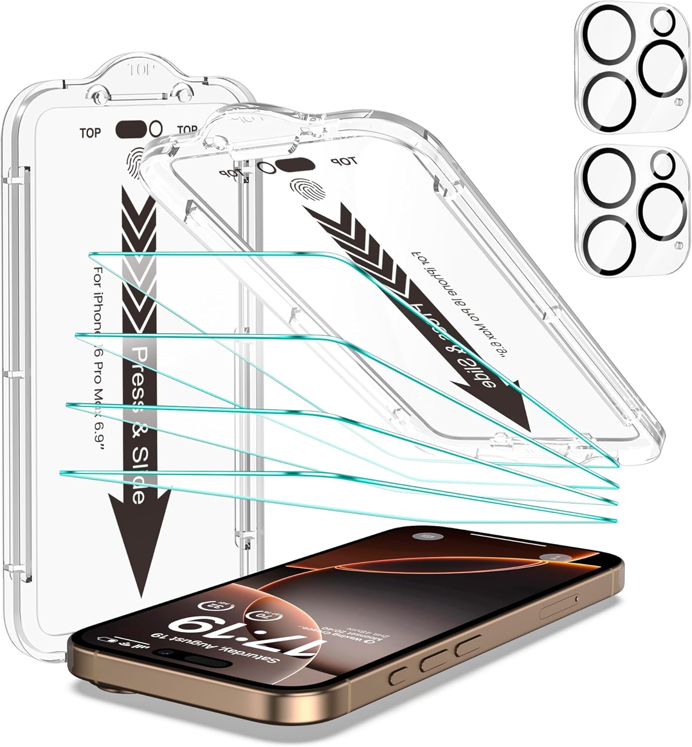 EZ-GLAZ- 4 Pack for iPhone 16 Pro Max Screen Protector[6.9"] With 2 Pack Camera Lens Protector, 9H+ Hardness 12FT Military Grade Shatterproof Scratch Resistant Durable Tempered Glass Film with Flawless Fit Kit, HD Clear