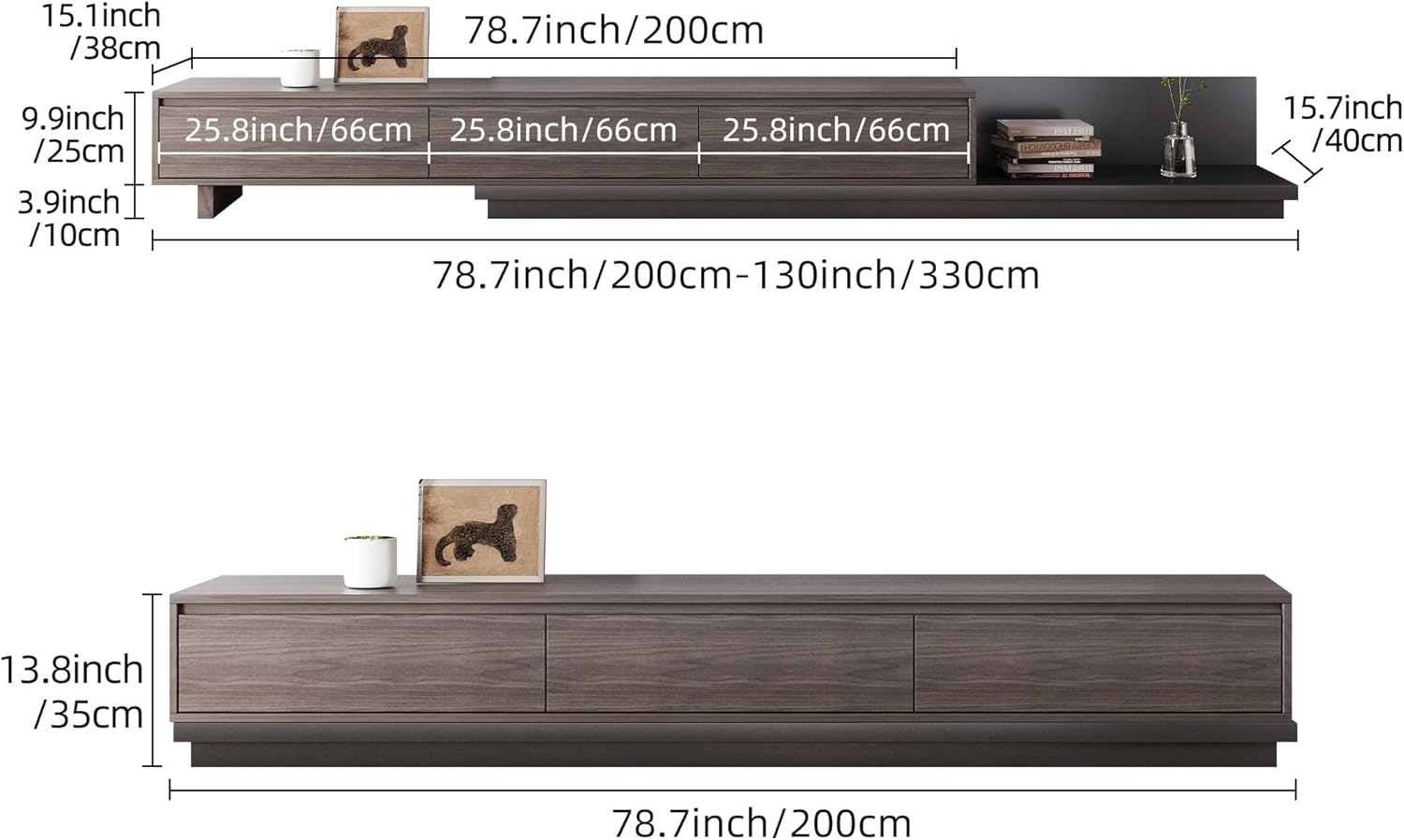 Mid-Century Modern Expandable TV Stand with 3 Drawers – Adjustable Entertainment Center for Living Room & Bedroom (79" to 130"), Stylish Black Walnut Media Console