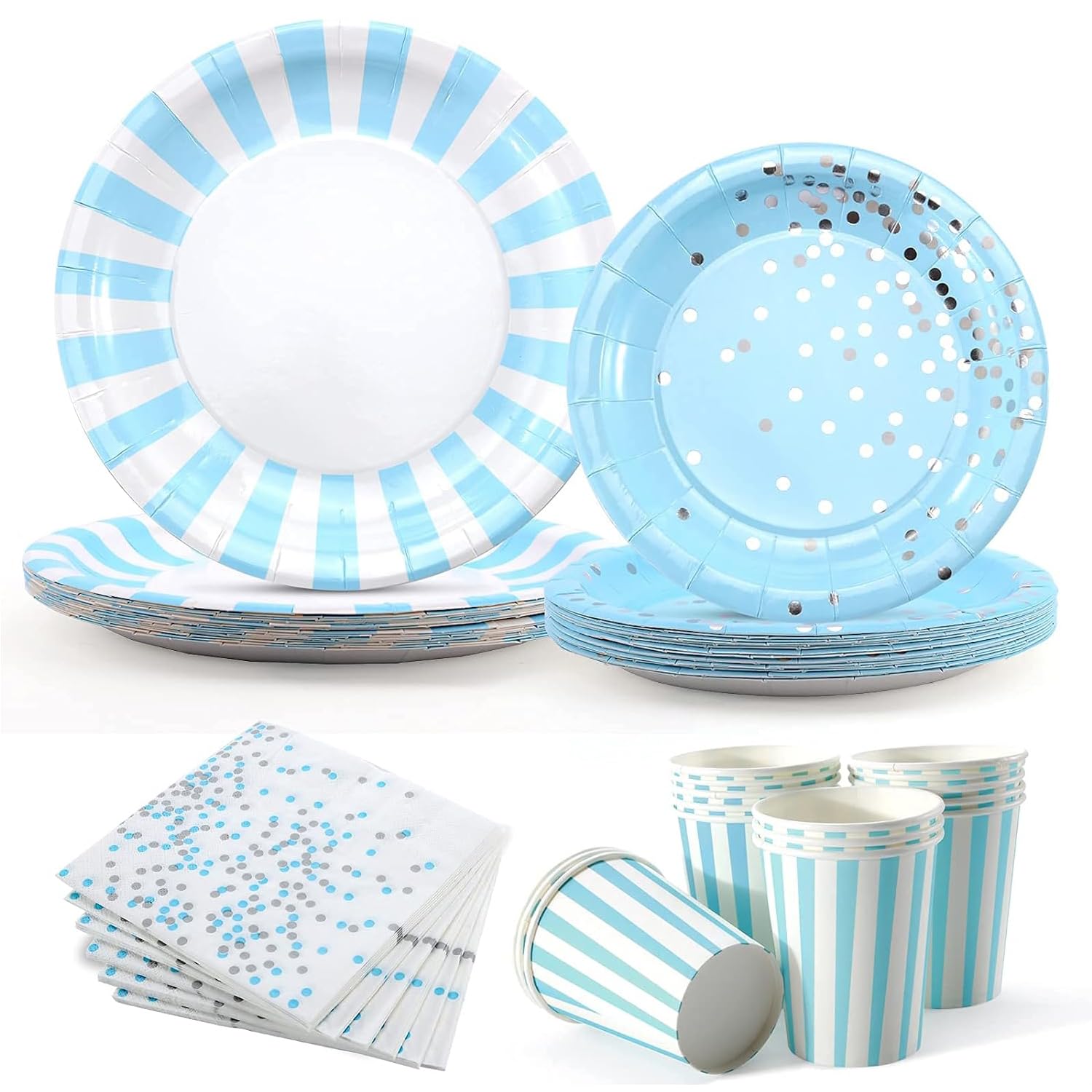 X spring Disposable Party Tableware Set, 64 Pcs Party Tableware Set Includes Plates, Saucers, Paper cups, Napkins, Blue Disposable Dinnerware Set for Wedding Birthday Party Festivals