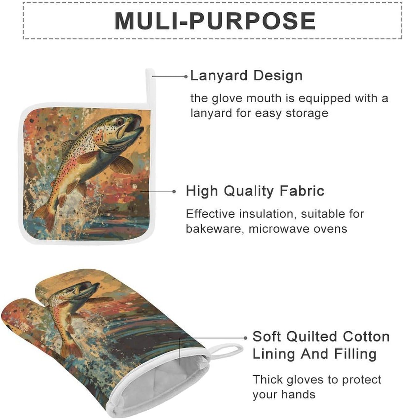 Vintage Trout Fish Jumping Oven Mitts and Pot Holders 4Pcs Set Heat Resistant Cooking Mitts Hot Pads