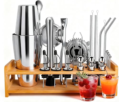 JUSTDOMI Juego de herramientas de barra de acero inoxidable de 26 piezas, accesorios de camarero, juego de coctelera con soporte, kit de cócteles
