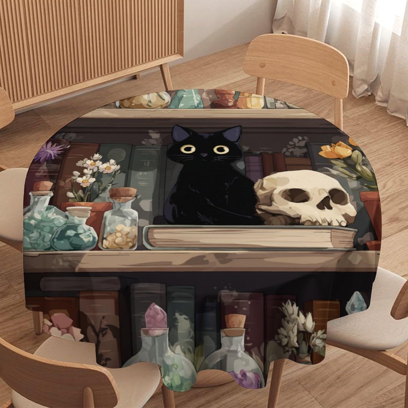 LUYYSKY Rustic Aesthetic Black Cat Round Tablecloth Oil Painting Animal Cat Kitten Gothic Bookshelf Floral Skull Pattern Washable Decor for Table Cover for Kitchen-177.8" Wx177.8 L cm