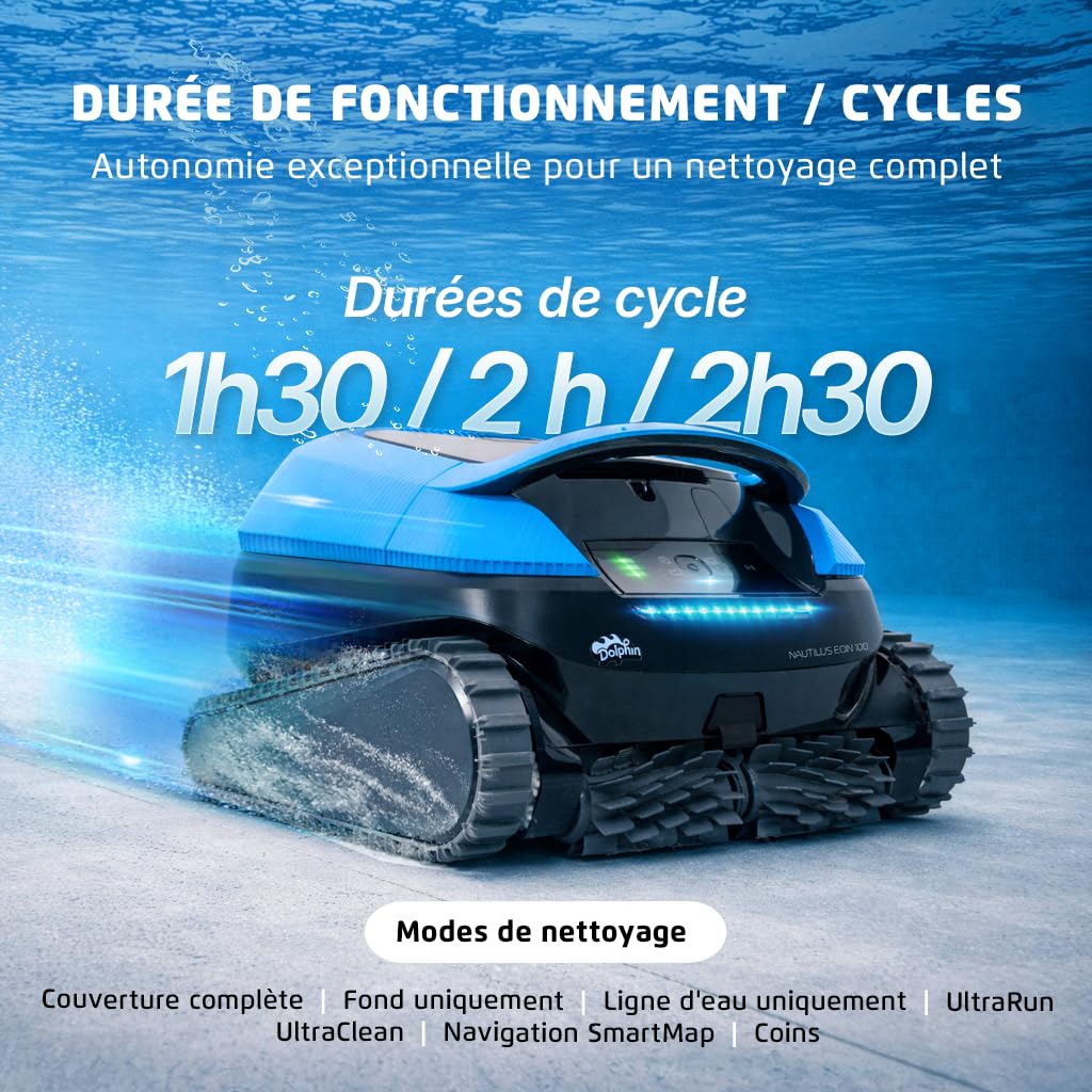 Dolphin Nautilus EON 100 Robot Piscine sans Fil pour Piscines Jusqu’à 15 m, Nettoyage Fond, Parois, Ligne d’Eau, Marches, Filtration Fine, Contrôle par App, Navigation Intelligente