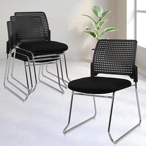CLATINA Juego de 4 sillas apilables, sillas apilables sin brazos con base de asiento acolchada, silla de escritorio de plástico sin ruedas para sala