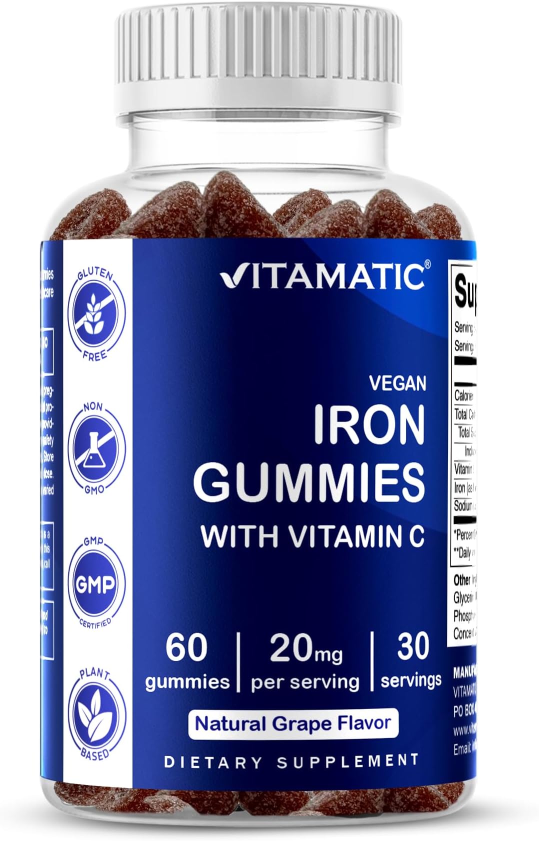 Vitamatic, Vegan Iron Gummies with Vitamin C, Natural Grape Flavor, 60 Gummies