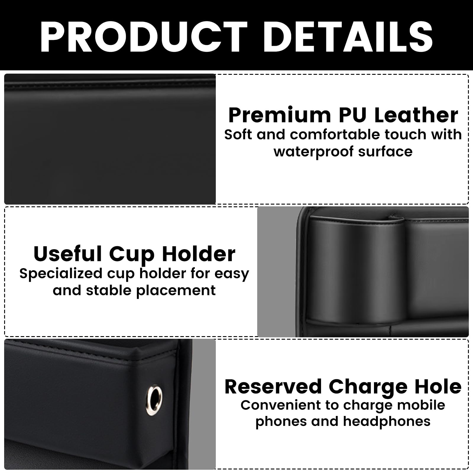 Boczne kieszenie organizer z otworem na kabel, skórzany uchwyt na napoje, kieszeń szczelin na siedzenia samochodowe z otworem do ładowania USB, czarny, torba do przechowywania foteli samochodowych, z
