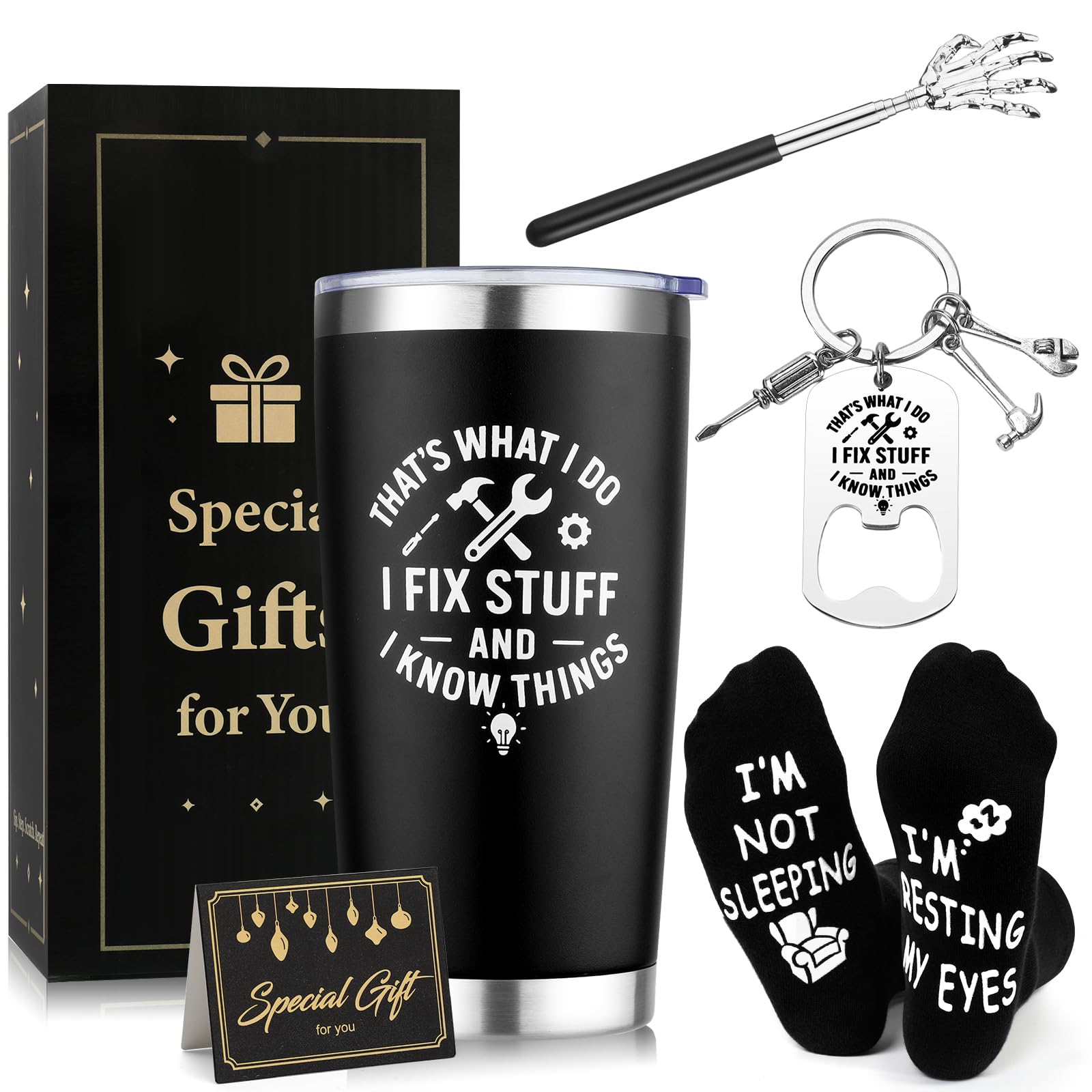 Birthday Gifts for Men Gift Set with Back Scratcher Tumbler Novelty Socks Keyring Funny Gifts for Dad Him Boyfriend Brother Grandad Uncle Anniversary Christmas Secret Santa Present Stocking Fillers
