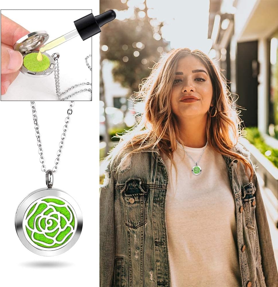 Aromatherapy Essential Oil Diffuser Necklace with Rose Pattern - 25mm Adjustable 316L Stainless Steel Perfume Pendant Locket with 11 Color Refill Pads