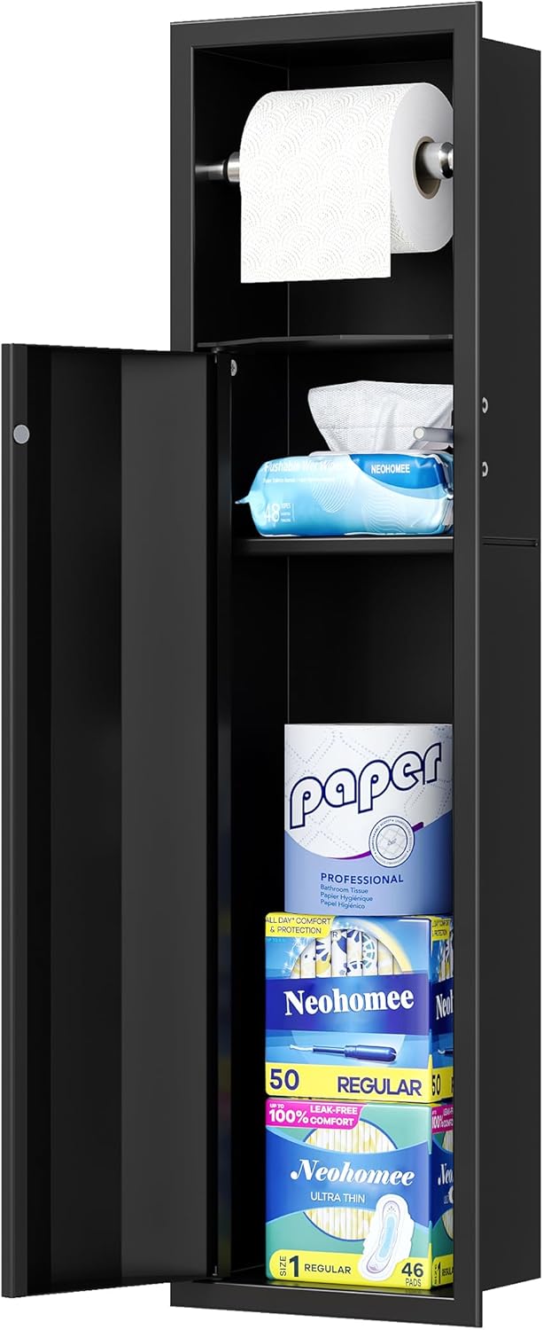 Neodrain Recessed Toilet Paper Holder, Matte Black Tissue Holder with Curved Door, 304 Stainless Steel Bathroom Storage Cabinet for Tissue Rolls, Perfect Depth fits Amarica Drywall