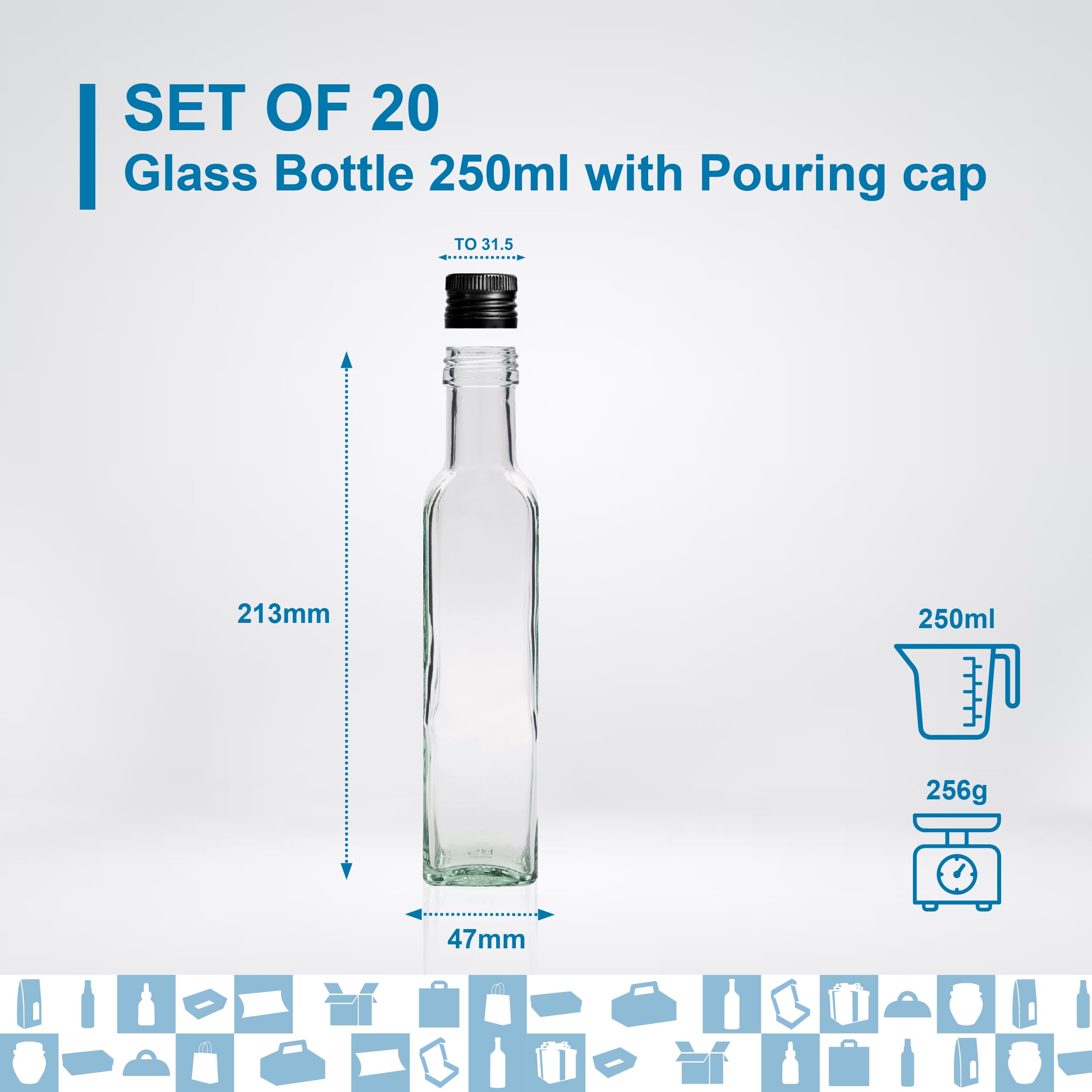 Espirito Rebelde 20 Bouteilles en Verre 250ml avec Bouchon a Vis Noir avec Bec Verseur | Huile d'Olive, Vinaigre, Alcool, Sauces | Huilier en Verre