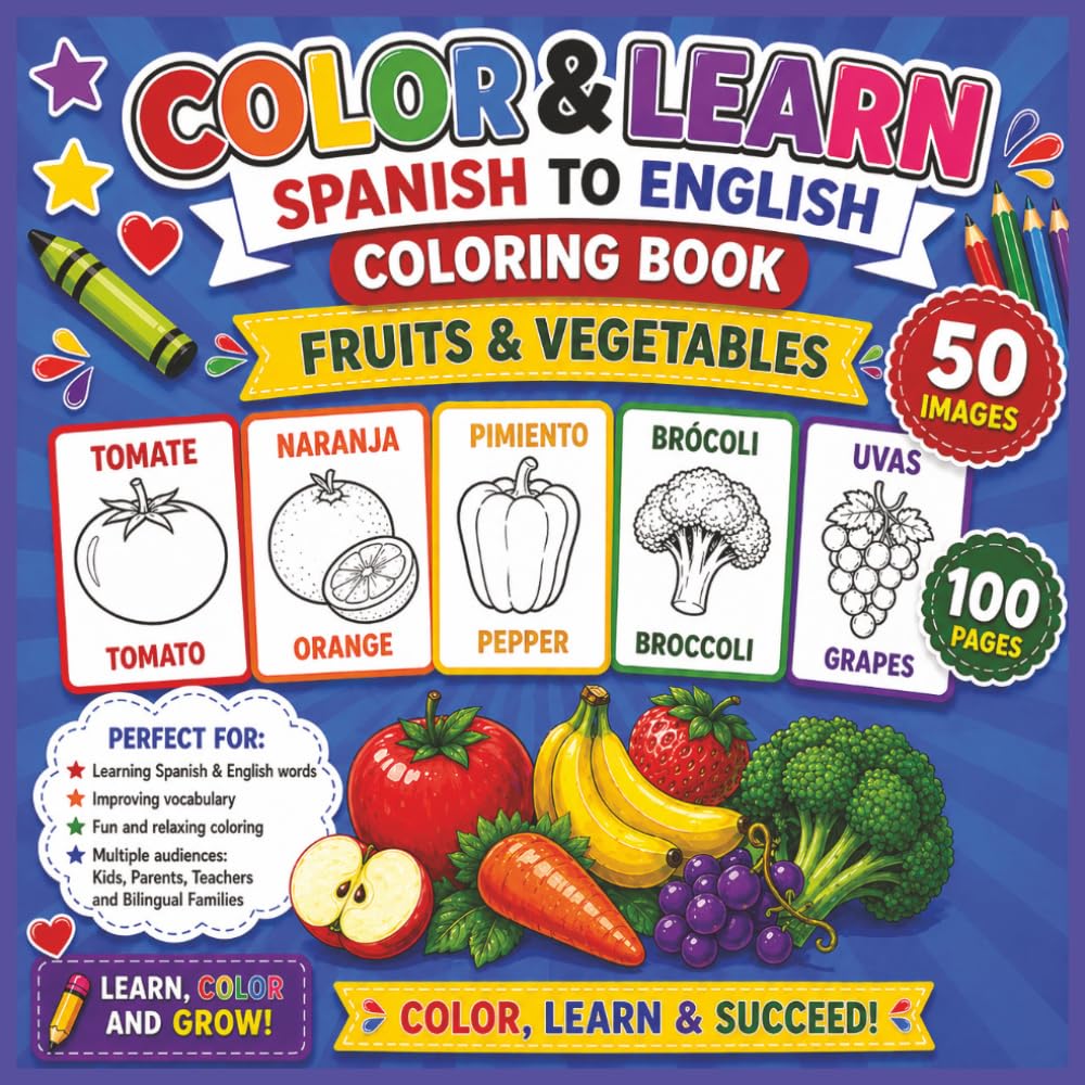 Color & Learn Spanish to English Fruits and Vegetables Coloring Book: A Bilingual Kids Coloring Book with 50 Fun Fruit and Vegetable Images, 100 Pages, and Easy Spanish-English Vocabulary Practice
