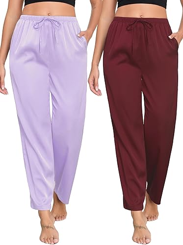 Mothers Day Birthday Gift Womens Loose Satin Pajama Pants Set with Side Pockets 