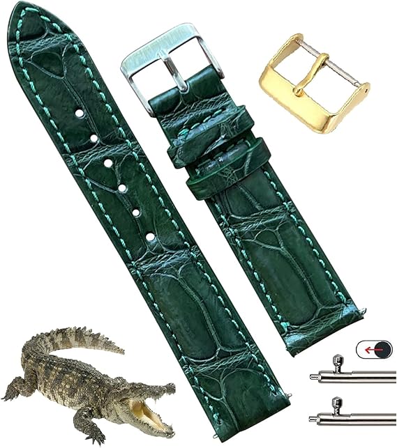 20mm Green Handmade Crocodile Watch Strap Belly Alligator Wristband