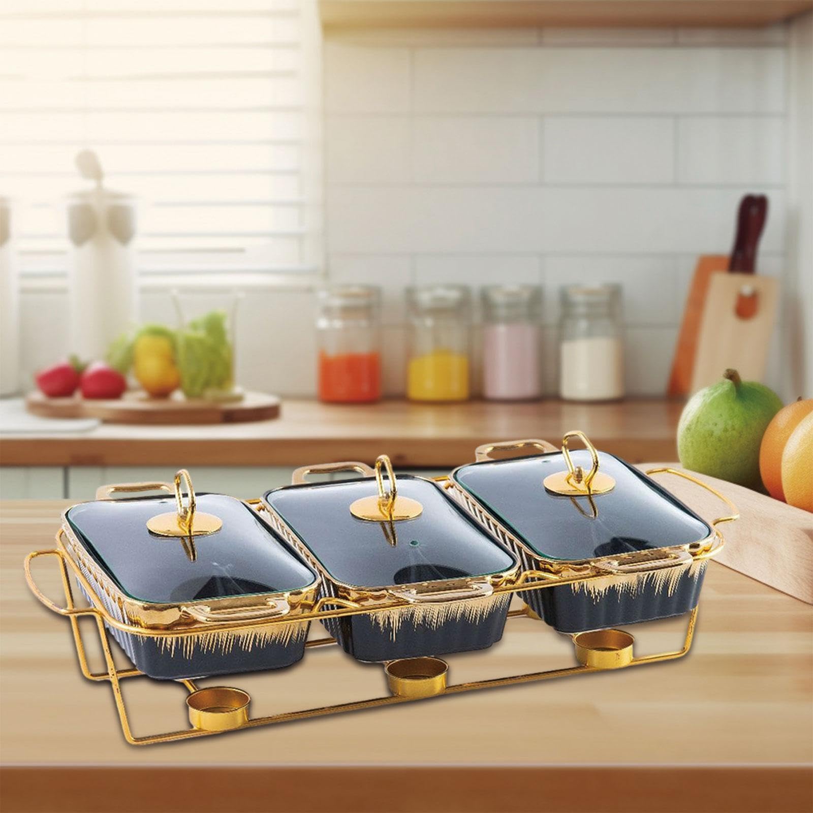 Calentador de Alimentos Rectangular para Buffet, Fuente de Cerámica para Buffet, Juego de Calentador para Y Bodas, Rayado Negro, Individual