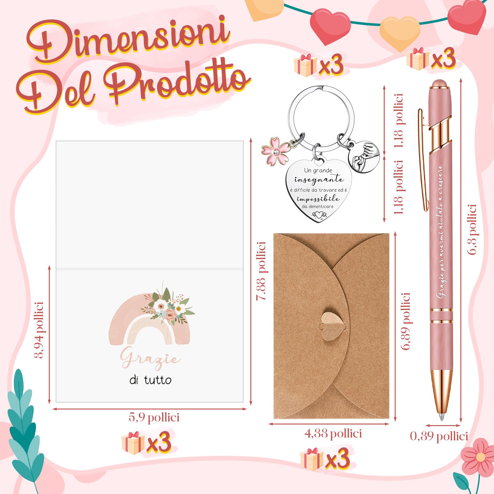 Xuniea 3 Sets Regalo Maestra Regalo Maestra Fine Anno Regali per Insegnanti, Borse Cosmetici Portachiavi Penne e Biglietti per Grazie, Laurea, Compleanno, ‌Festa degli Insegnanti