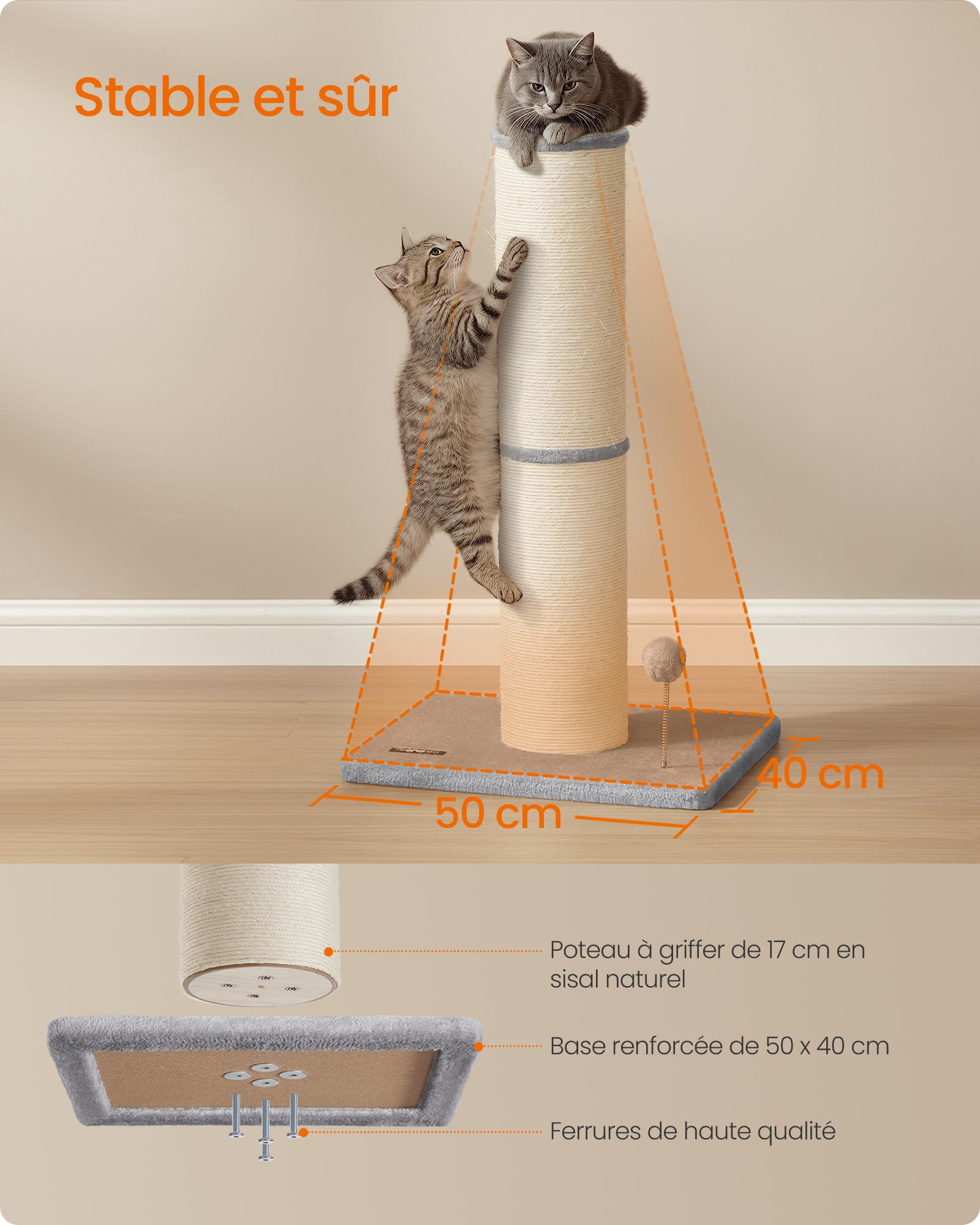 Feandrea Arbre à Chat XXL, 85 cm de Haut, Tronc de 17 cm d'Épaisseur, Poteau à Griffer Adapté aux Grands Chats comme Le Maine Coon, en Sisal, avec Balle, Clochette, Gris Tourterelle PCA042G01