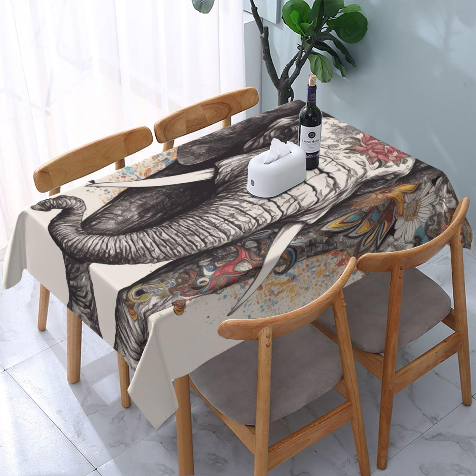 WPKJU Elephant Printed Tablecloth Water Resistant Table Cover Washable Rectangle Table Cloth for Tables 54x72 in