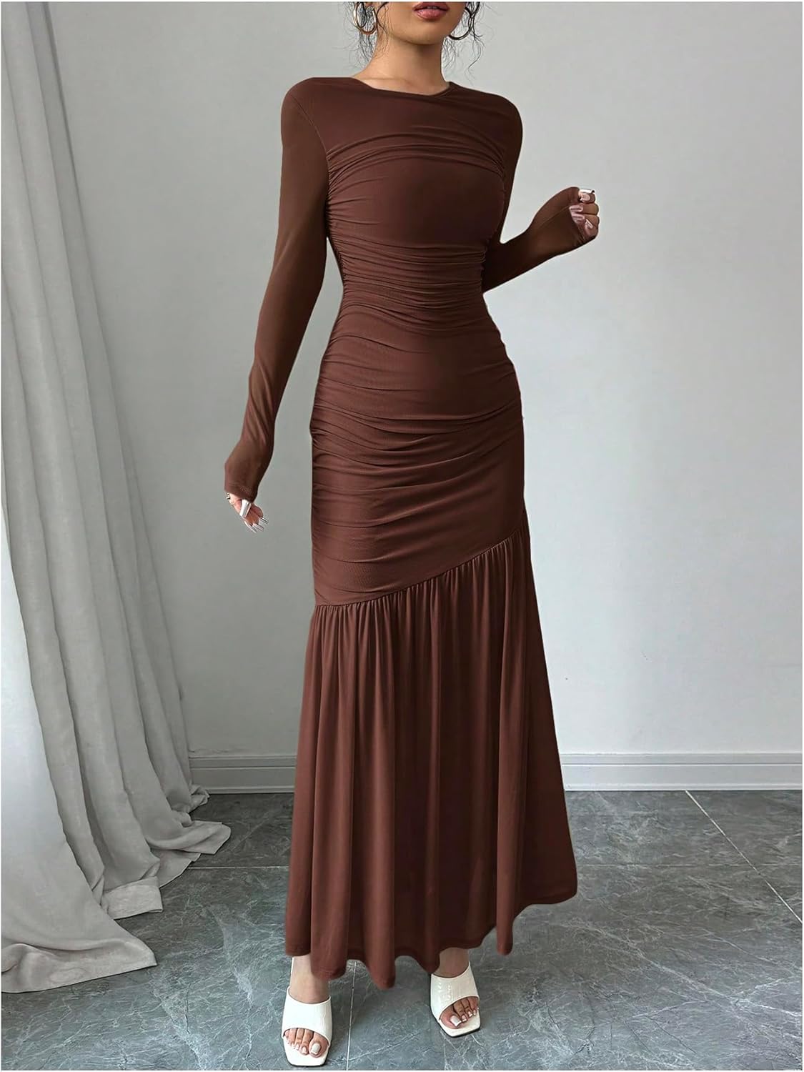 Milumia Women's Ruched Mesh Patchwork Maxi Dress Long Sleeve Bodycon Ruffle Hem Long Dresses - Image 5