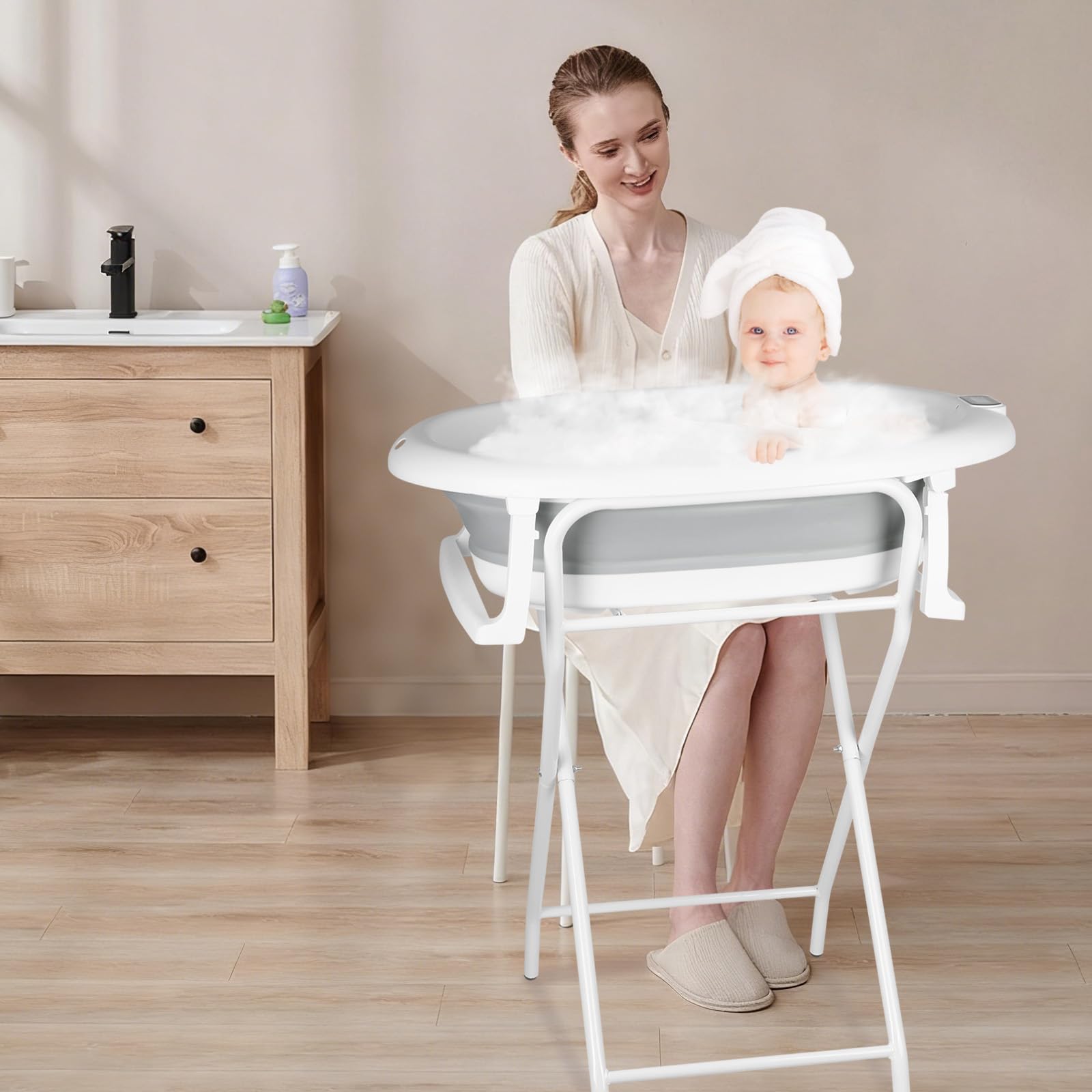 Bañera para bebé con marco de 90 cm, bañera plegable para bebés con bandeja para bañera, bañera para bebés con soporte y desagüe, desde el nacimiento hasta los 2 años (gris, 81 x 47 x 90 cm)