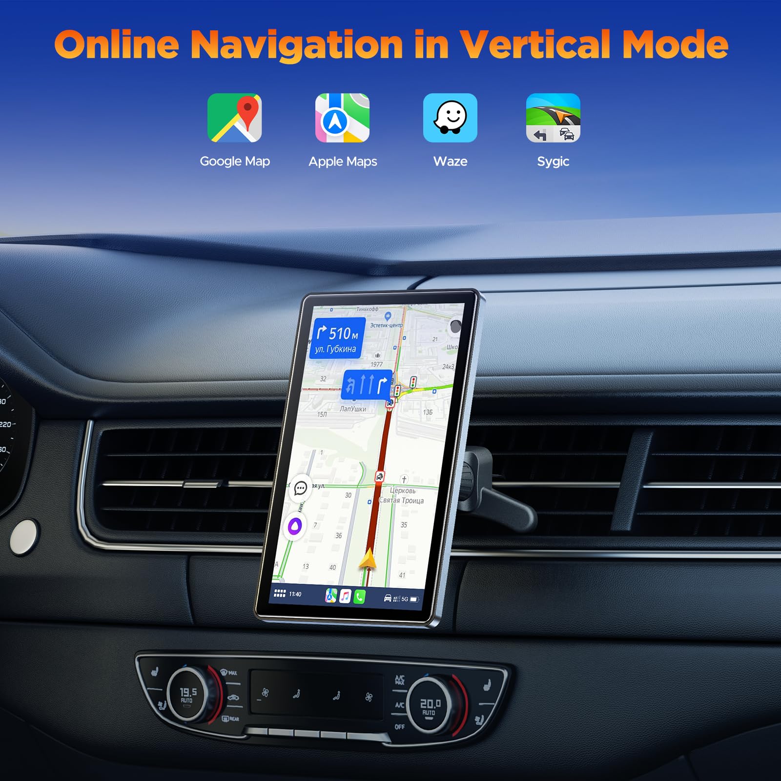 Volam Wyświetlacz Carplay 17.8 cm z funkcją A-pple Carplay Android Auto, ekran poziomy i pionowy, uchwyt magnetyczny, przenośne samochodowe stereo z nawigacją na żywo, sterowanie głosowe, łącze