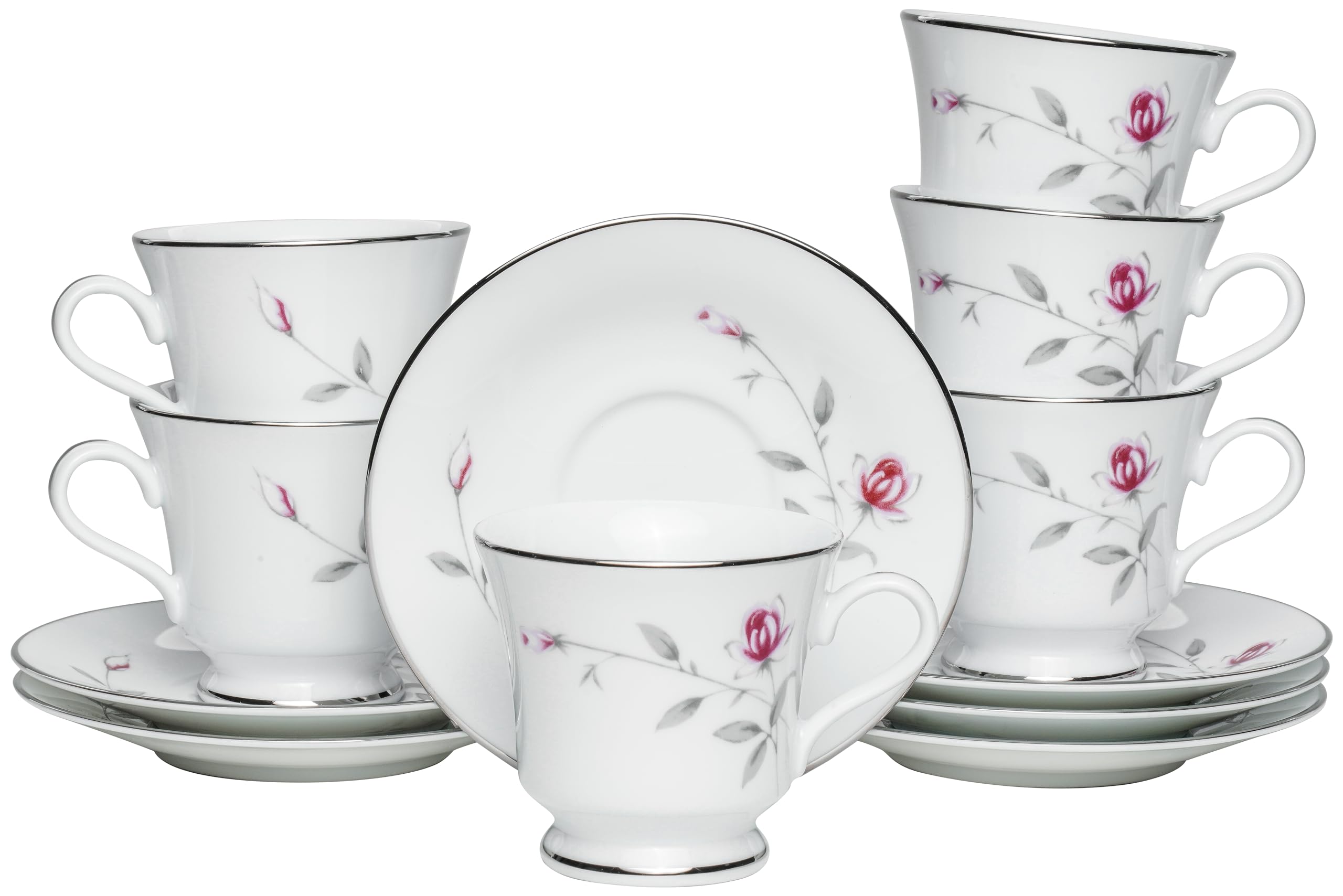 Dankotuwa Fine Porcelain Service for 6 Platinum Craft Tea/Coffee Cup and Saucer Set | Vegan, Scratch Resistant and Light Weight | Gift for Anniversary Housewarming12 Pieces 210 ml (Lasting Rose)
