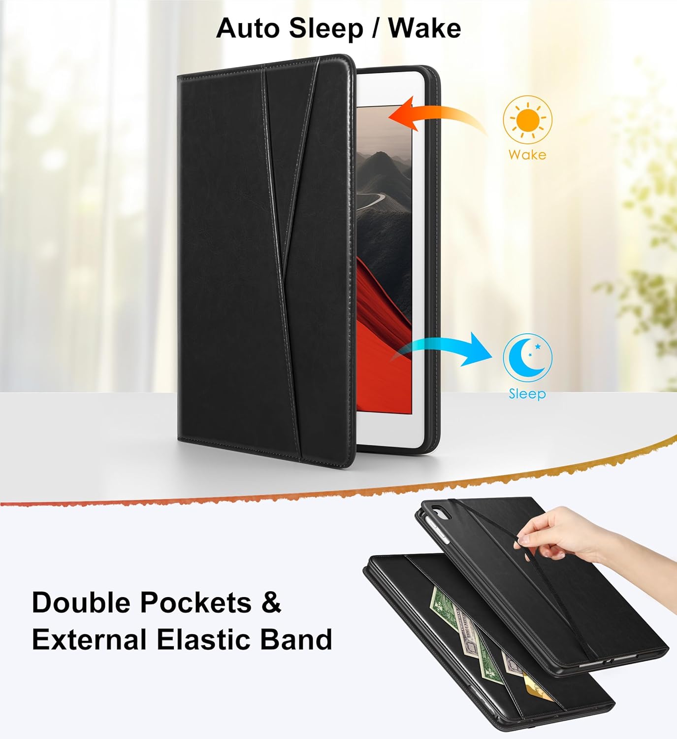DTTO for iPad 6th / 5th Generation 9.7 Inch (2018/2017), iPad Air 2 / Air 1 Case, 360 Degree Rotating Premium Leather Folio Stand Cover with Pencil Holder, Black