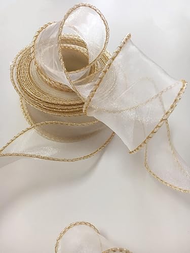 Miniatura 2 de Cinta de organza transparente con alambre de 1-1/2 pulgadas, 10 yardas, cinta de gasa marfil con borde dorado para envolver lazo, hacer coronas de