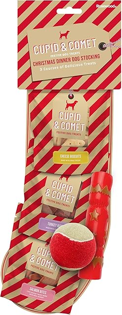 Rosewood Cupid & Comet Christmas Dinner Dog Treat Toy Stocking Gift, 1 x 40g Cheese sticks, 1 x 40g Turkey strips, 1 x 40g salmon bites, 1 x Tennis Ball and 1 x Squeaky Cracker Toy
