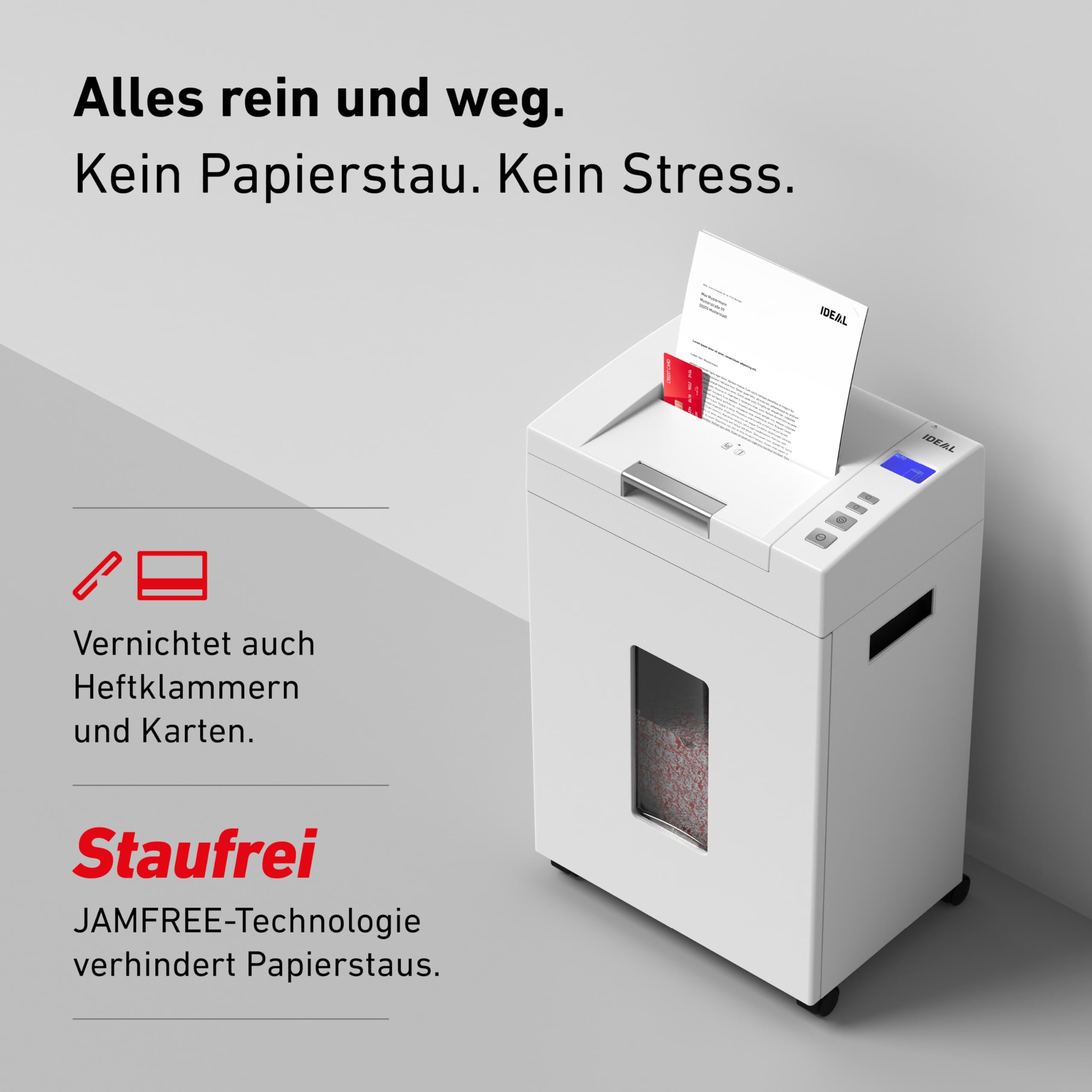 Autofeed Aktenvernichter IDEAL Shredcat 8292, 200 Blatt Papierstapel mit automatischem Einzug schreddern, 10 Blatt manuell, Partikelschnitt P4, leiser Betrieb – spart Zeit im Büro, Verwaltung, Schulen