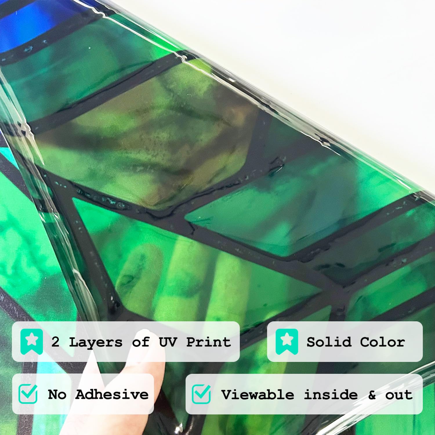 ChicSkin Original Hand Drawn Faux Stained Glass Window Film, Double-Sided Translucent Static Film, Cool Aqua Green Geometry Patterns Inspired by Hollyhock House 11.02