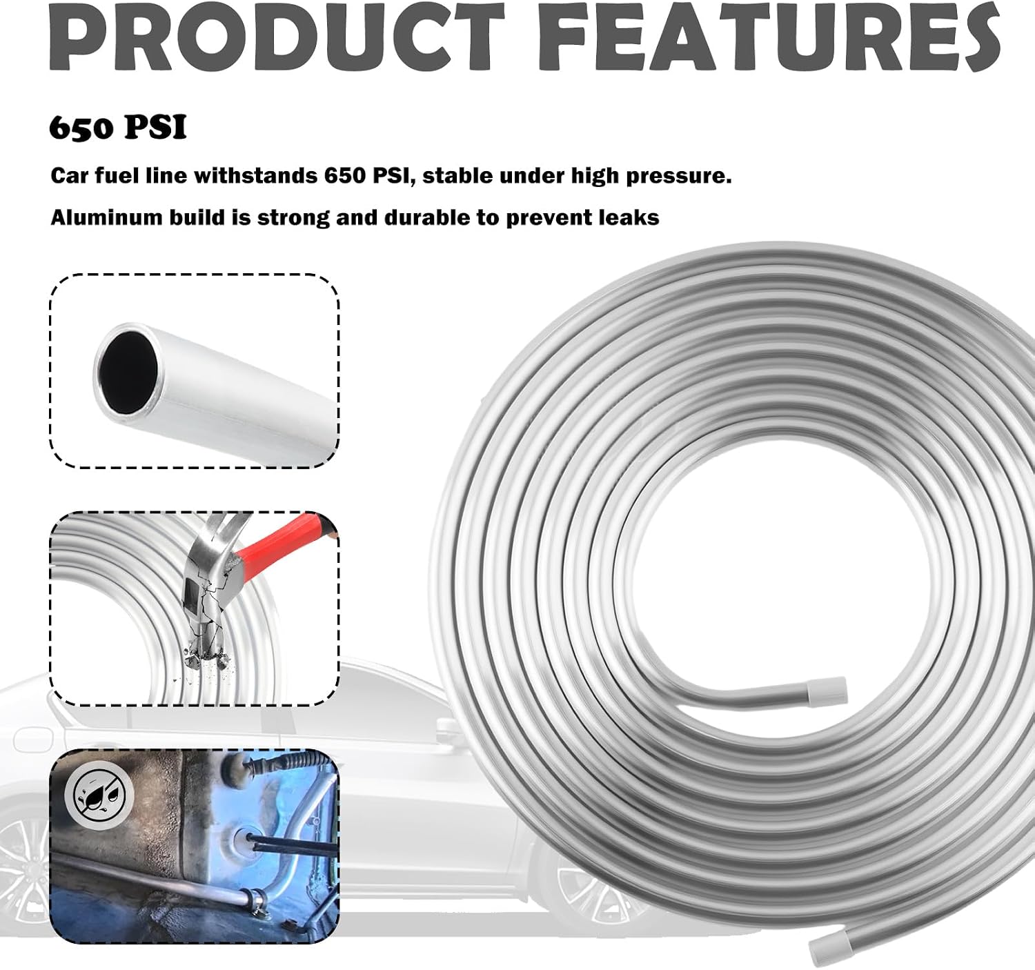 16Ft 3/8 Fuel Line Aluminum Tube,Cuttable & Bendable 650 PSI Metal Fuel Line Gas Lines Replacement,Universal Aluminum Tubing Car Accessories for Fuels/Transmission System (3/8in)