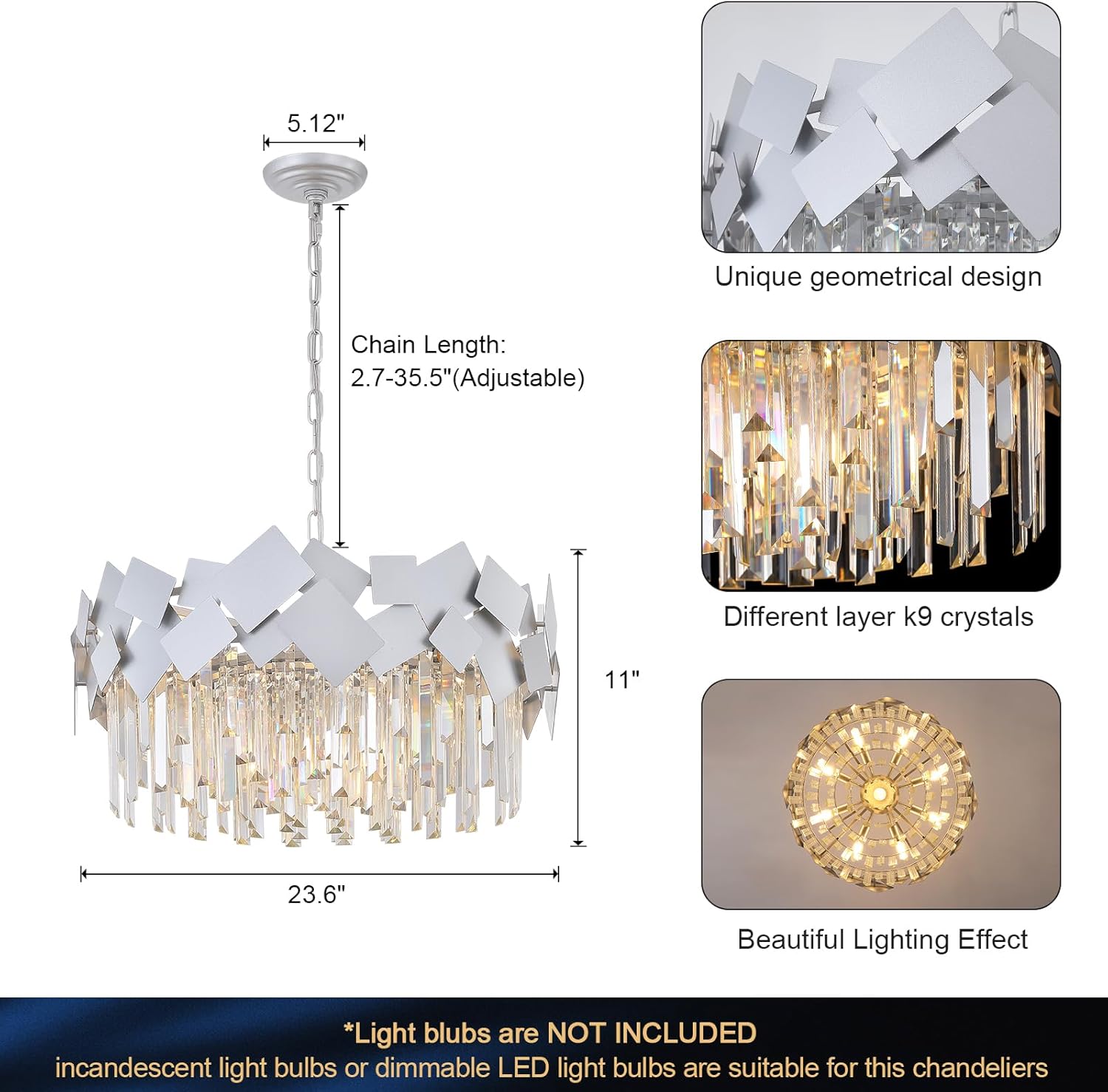 Modern Crystal Chandeliers 24" Silver Round Chandelier Luxury 9 Light K9 Crystal Drum Chandeliers Kitchen Light Fixture Adjustable Flush Mount Chandelier for Living Room Dining Room Foyer Bedroom