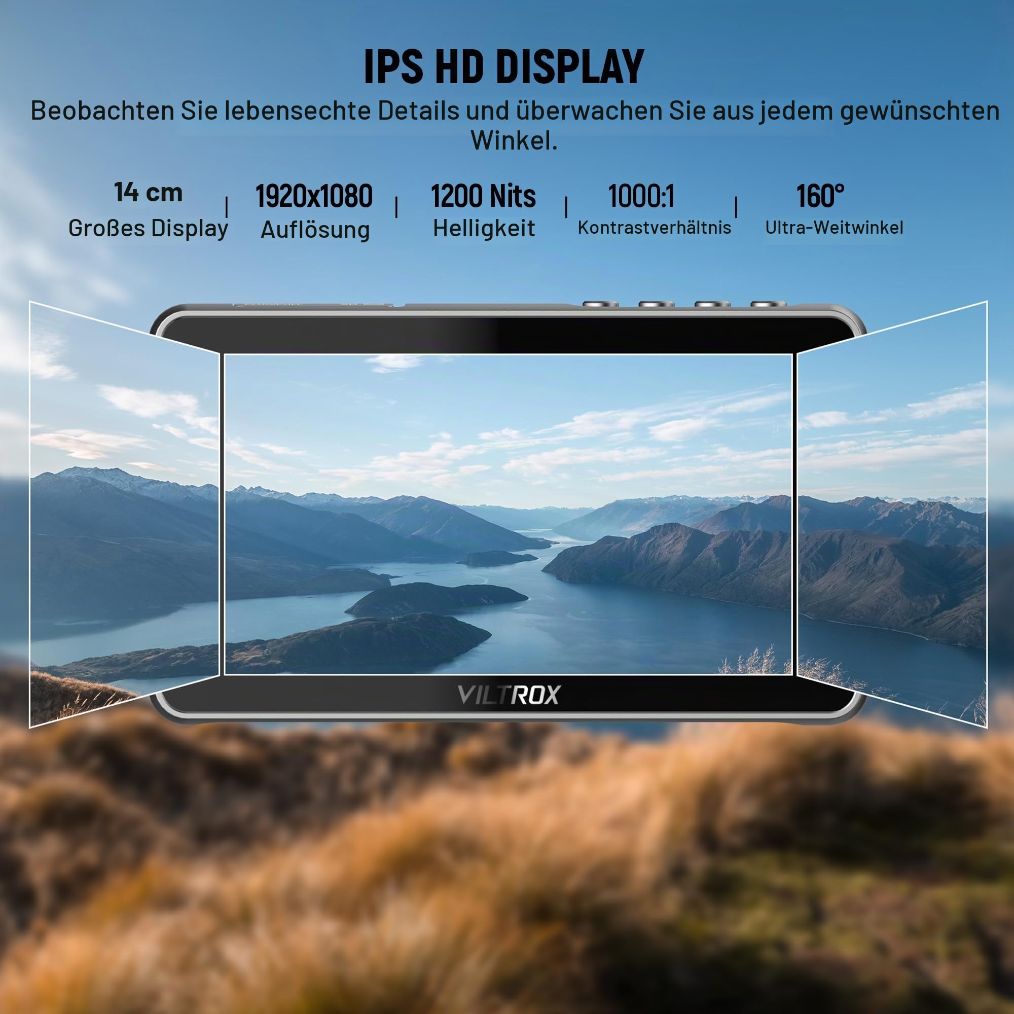 VILTROX DC-550 Touchscreen Kamera Field Monitor 5,5 Zoll 1200 Nits DSLR Camera Monitor 4K HDMI Eingang/Ausgang Full HD 1920x1080 IPS 3D-Lut Video Peaking Focus Assist mit Akku und Sonnenschutz haube