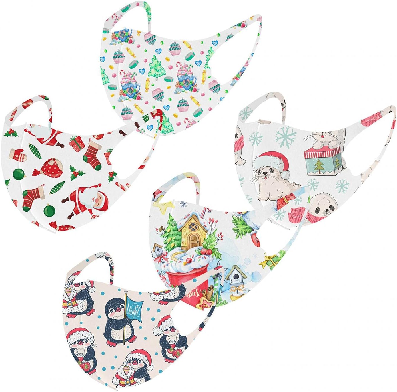 Christmas Face_Masks for Kids, 1/5/10/30Pcs Reusable and Children Protective Face Bandanas with Cute Pattern Breathable