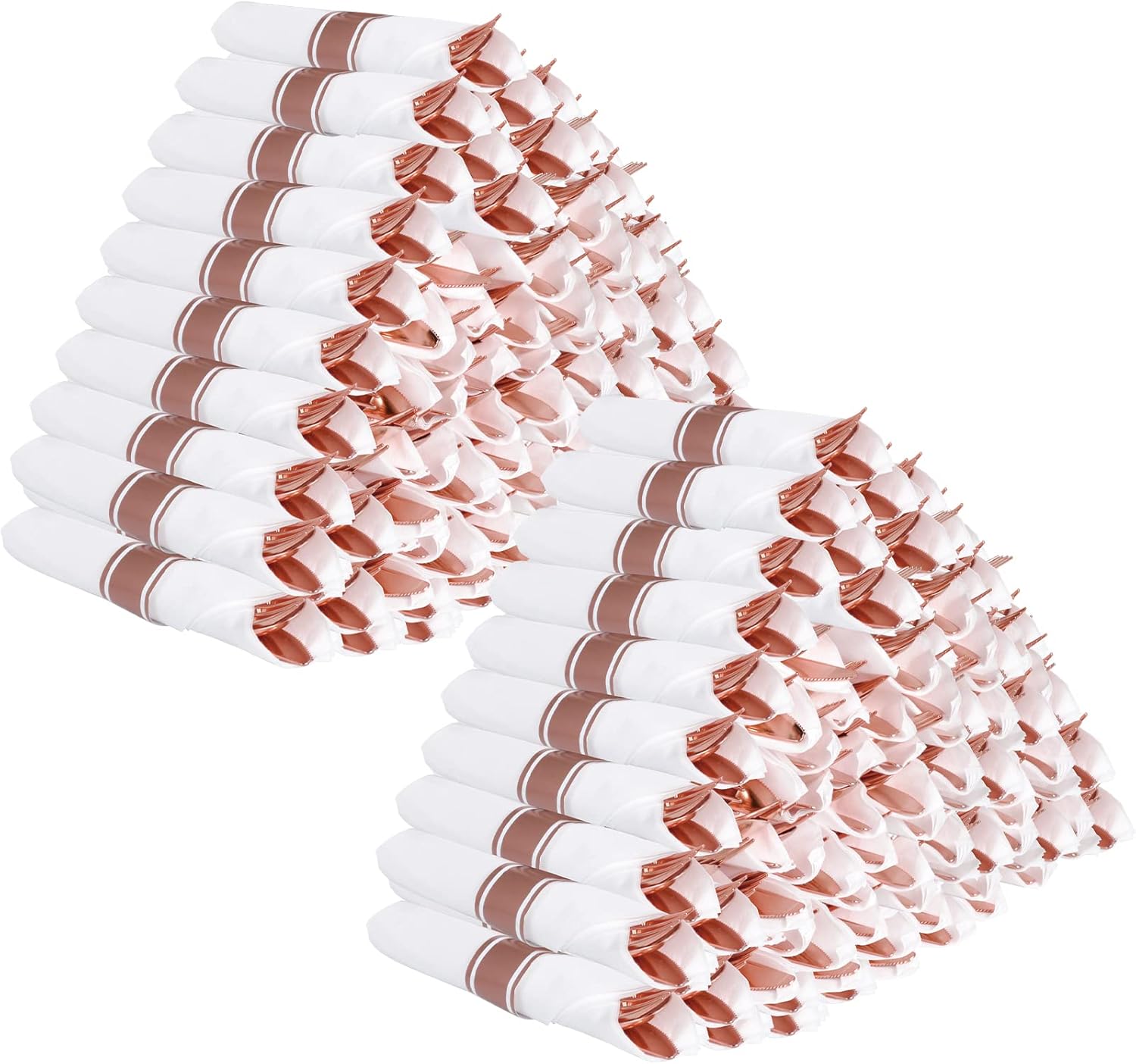 100Pack Rose Gold Disposable Plastic Silverware with Napkins - Pre Rolled Plastic Cutlery, Wrapped Party Silverware, Rolled Disposable Utensils with 100 Forks Knives Spoons Dinner Napkins for Party
