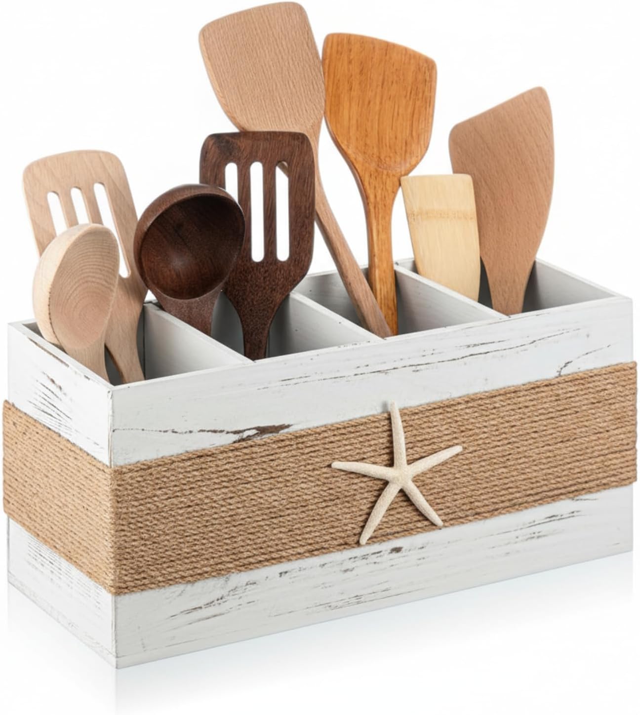 AceOrbit Coastal Utensil Holder with Starfish, Beachy Utensil Holder, Ocean Kitchen Decor, Large 4-compartment Wooden Organizer, Detachable DIY Size, Gift for Ocean Lovers, 15.75 Inch(White)